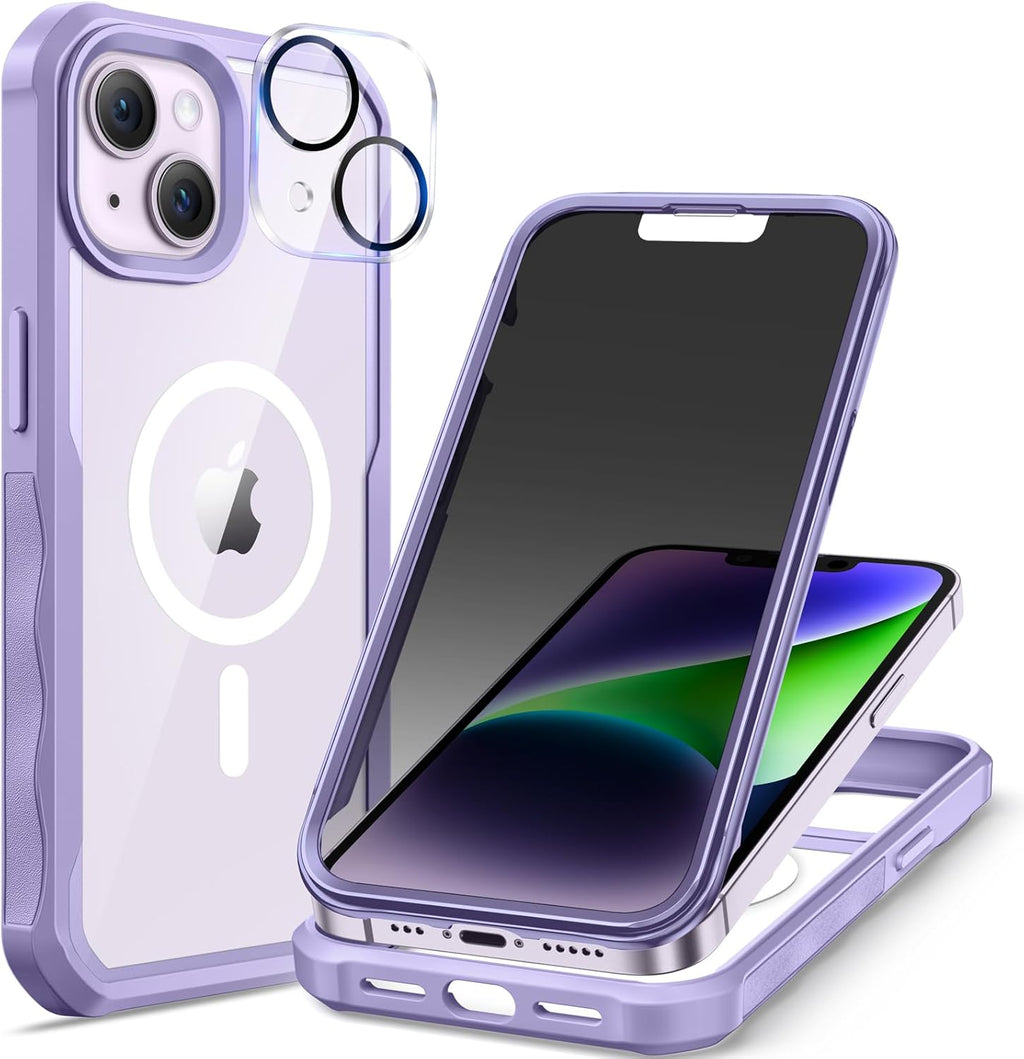 seacosmo for iPhone 14 Case, Full Body Bumper with Built-in 9H Tempered Glass Privacy Screen Protector and Camera Lens Protector, Compatible with MagSafe, Shockproof 14 Phone Case, 6.1", Light Purple