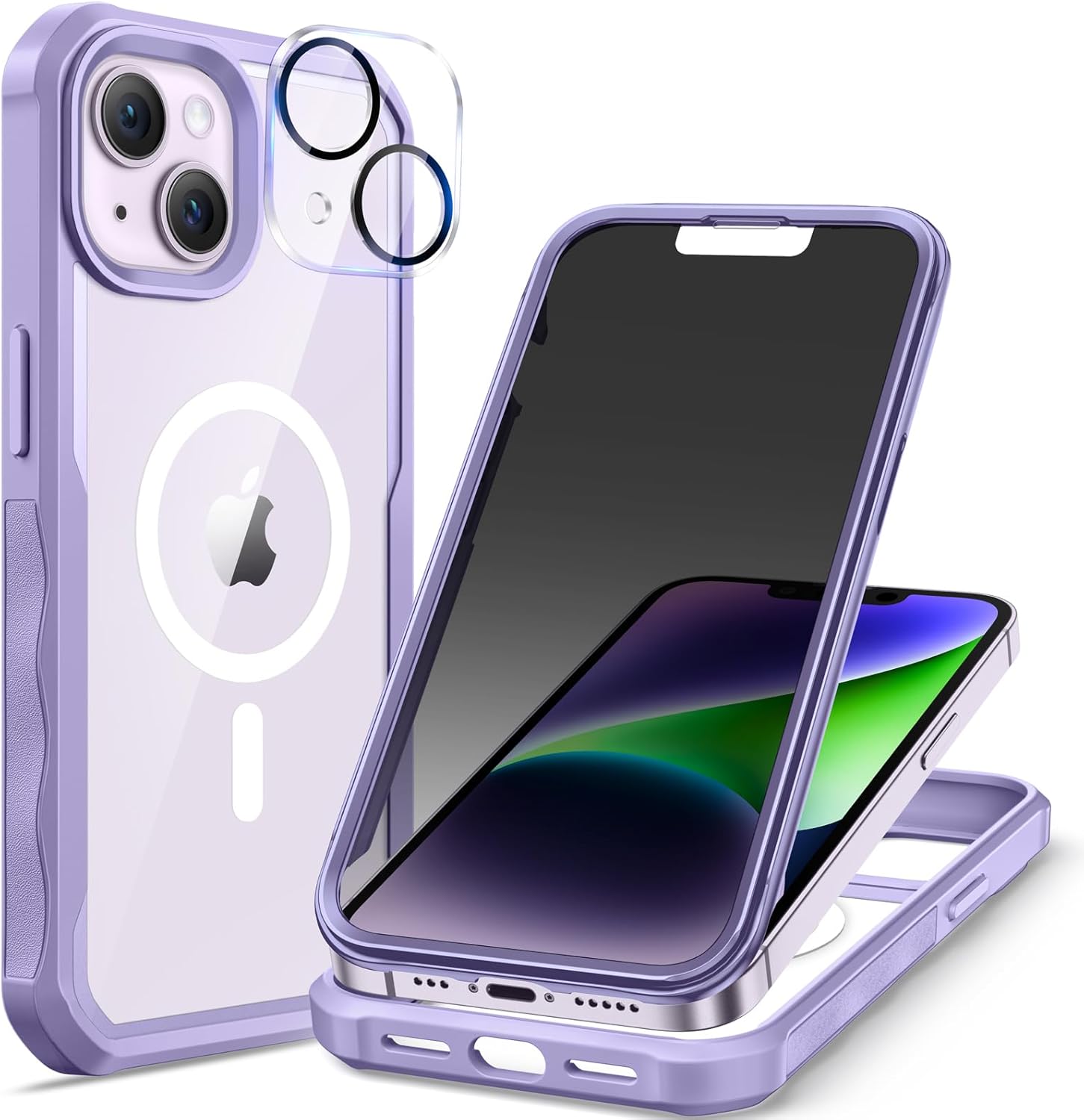 seacosmo for iPhone 14 Case, Full Body Bumper with Built-in 9H Tempered Glass Privacy Screen Protector and Camera Lens Protector, Compatible with MagSafe, Shockproof 14 Phone Case, 6.1", Light Purple
