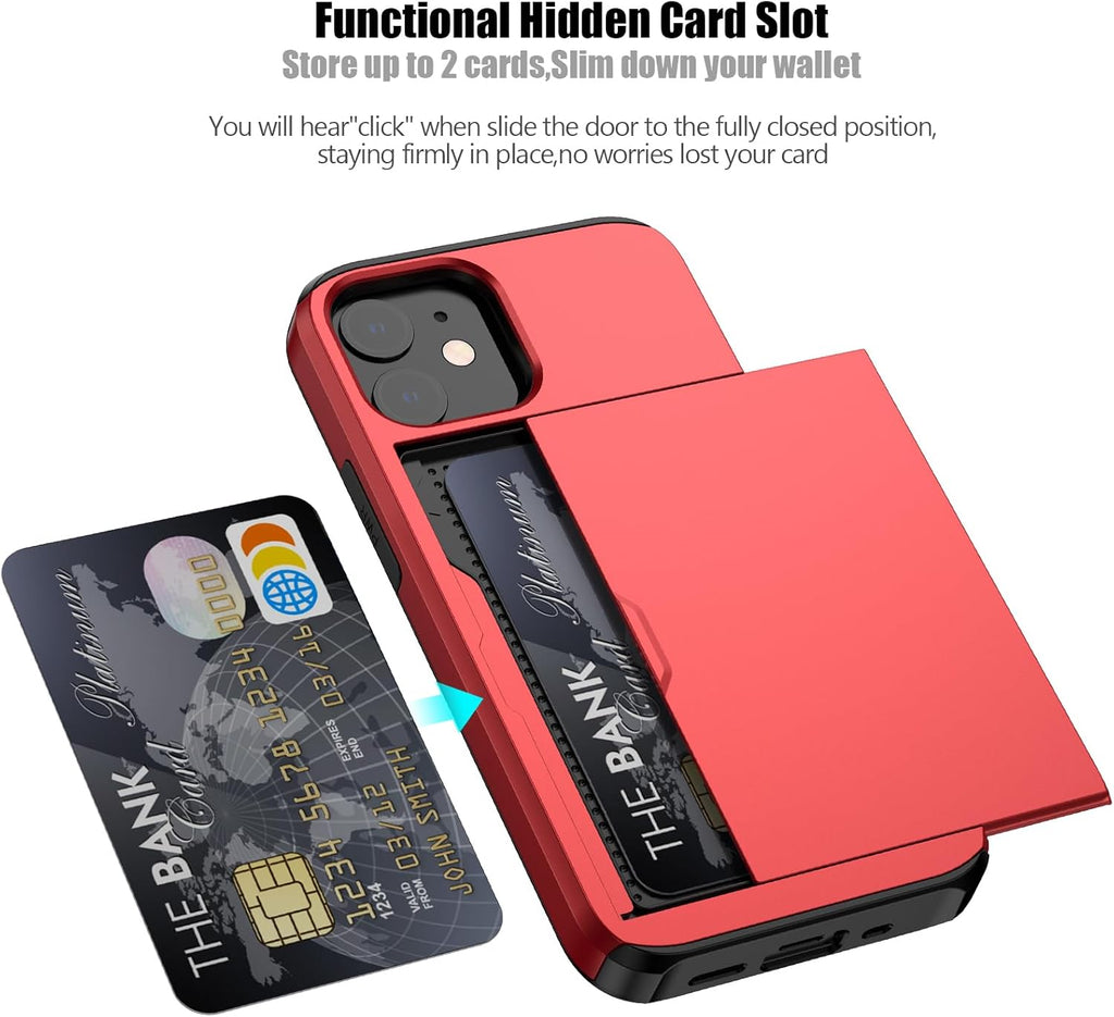 Nvollnoe for iPhone 12 Mini Case with Card Holder Heavy Duty Protective Dual Layer Shockproof Hidden Card Slot Slim Wallet Case for iPhone 12 Mini for Men&Women(Red)