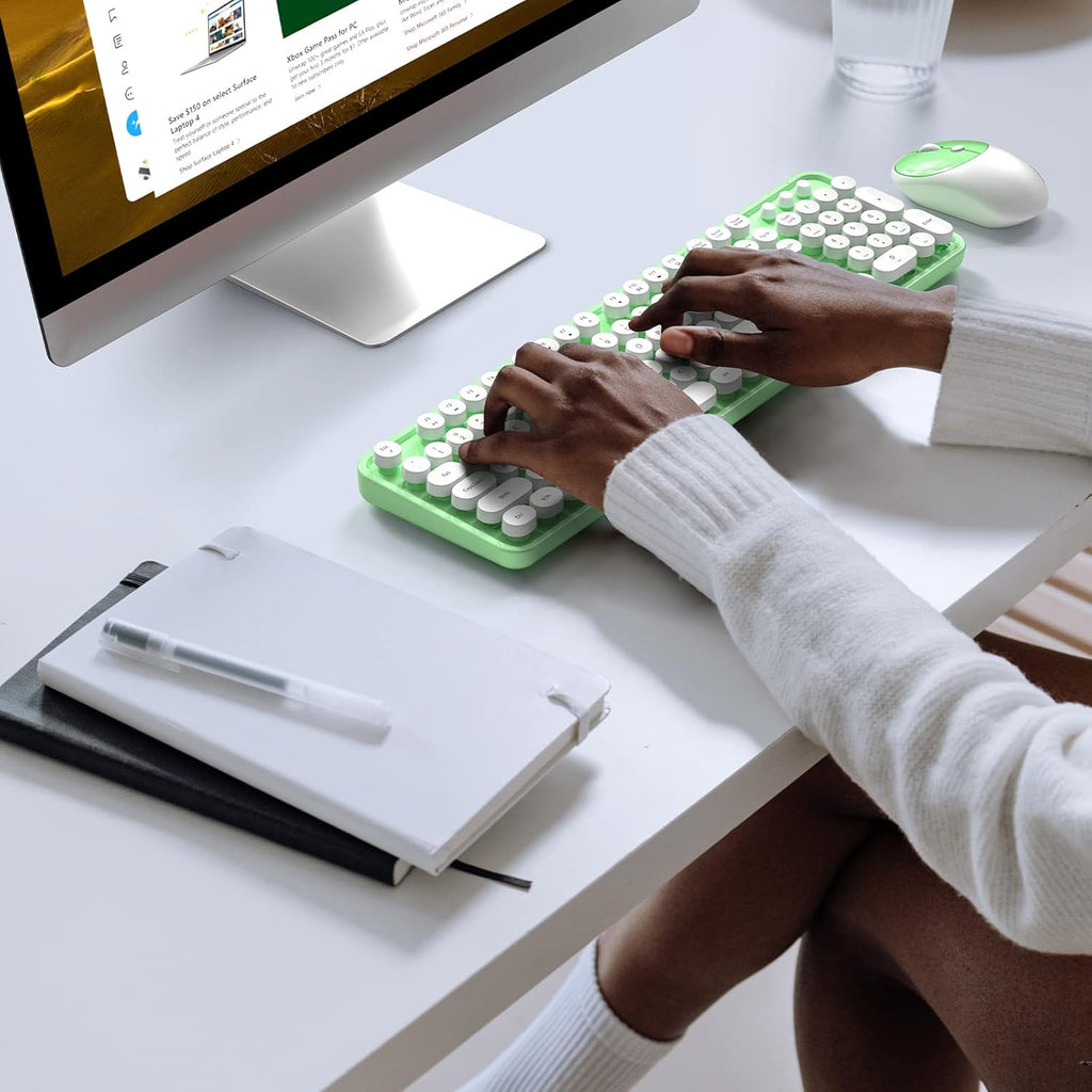 KNOWSQT Wireless Keyboard and Mouse Combo - White-Green Full-Sized 2.4 GHz 104 Keys Typewriter Cute Keyboard, Round Keycap and Optical Mouse for Windows, Computer, PC, Laptop, Desktop