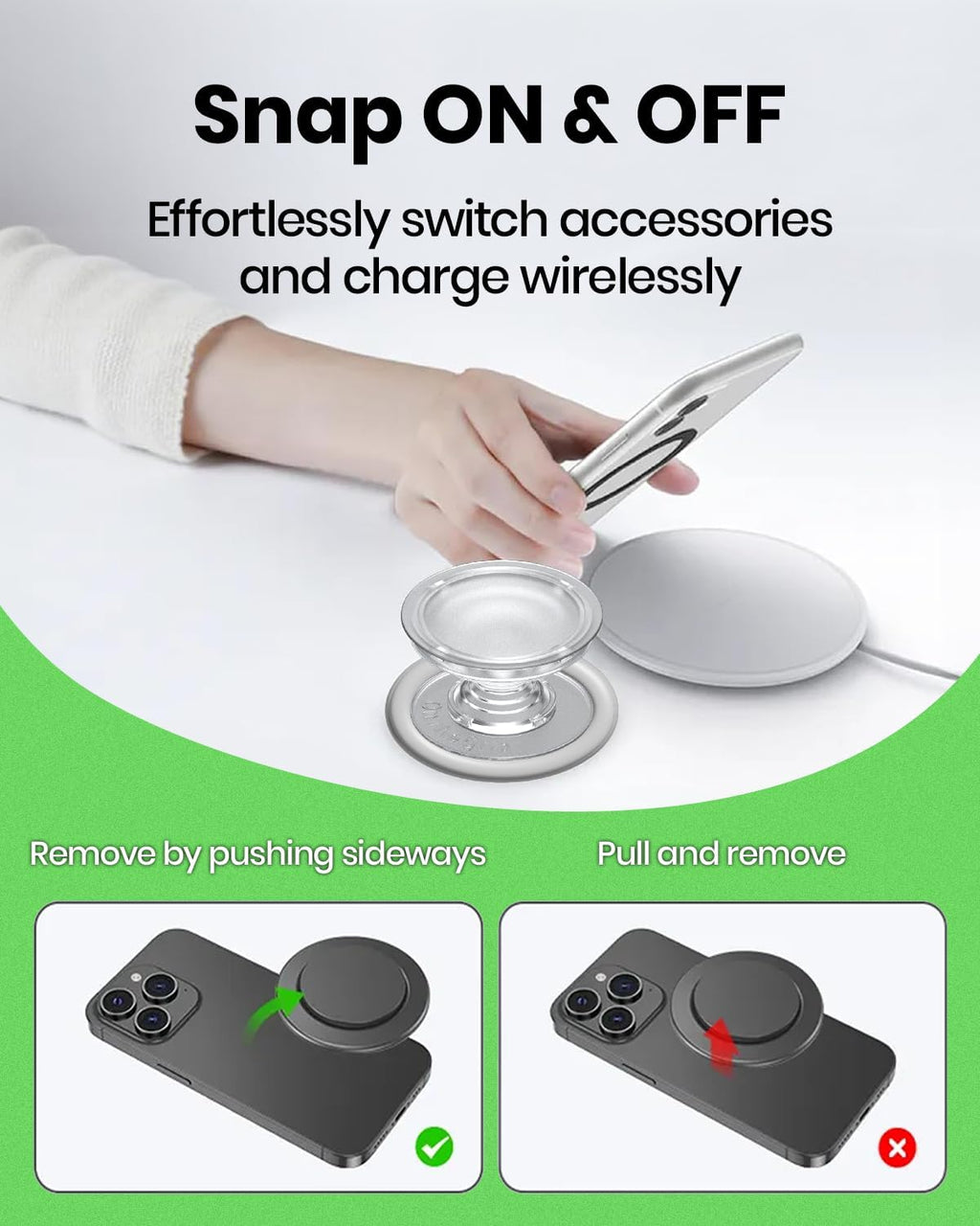 Solid Color Button Phone Grip – Minimalist Design, Durable and Lightweight, Grip and Stand for Smartphones (Black, Magnetic Type)