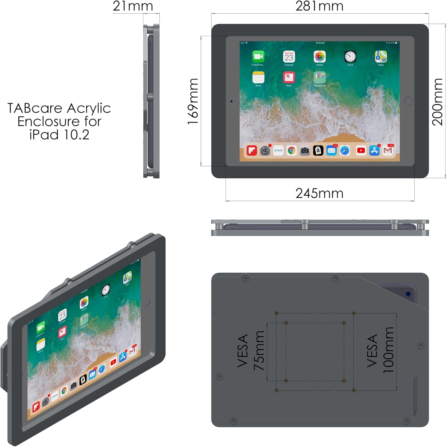 TABcare Anti-Theft Acrylic VESA Enclosure for Apple iPad 7/8/9 10.2" with Free Wall Mount Kit & 90-Degree Angle Charge Cable (iPad 7/8/9 10.2", Black)