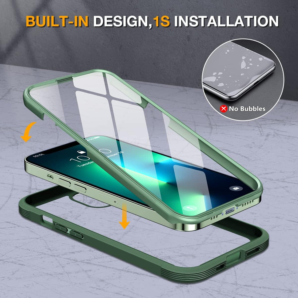 Miracase Glass Case for iPhone 13 Pro Max 6.7 inch, Upgrade Full-Body Clear Phone Bumper Case Cover with Built-in 9H Tempered Glass Screen Protector, Acacia Green