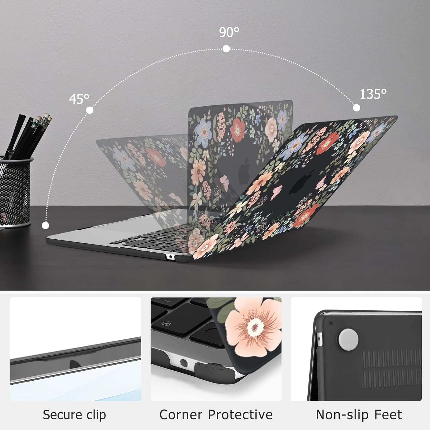 MOSISO Compatible with MacBook Air 13 inch Case 2025 2024 2023 2022 M4 A3240 M3 A3113 M2 A2681, Lush Floral Hard Shell&Keyboard Cover&Screen Protector for MacBook Air 13.6 inch Case, Black