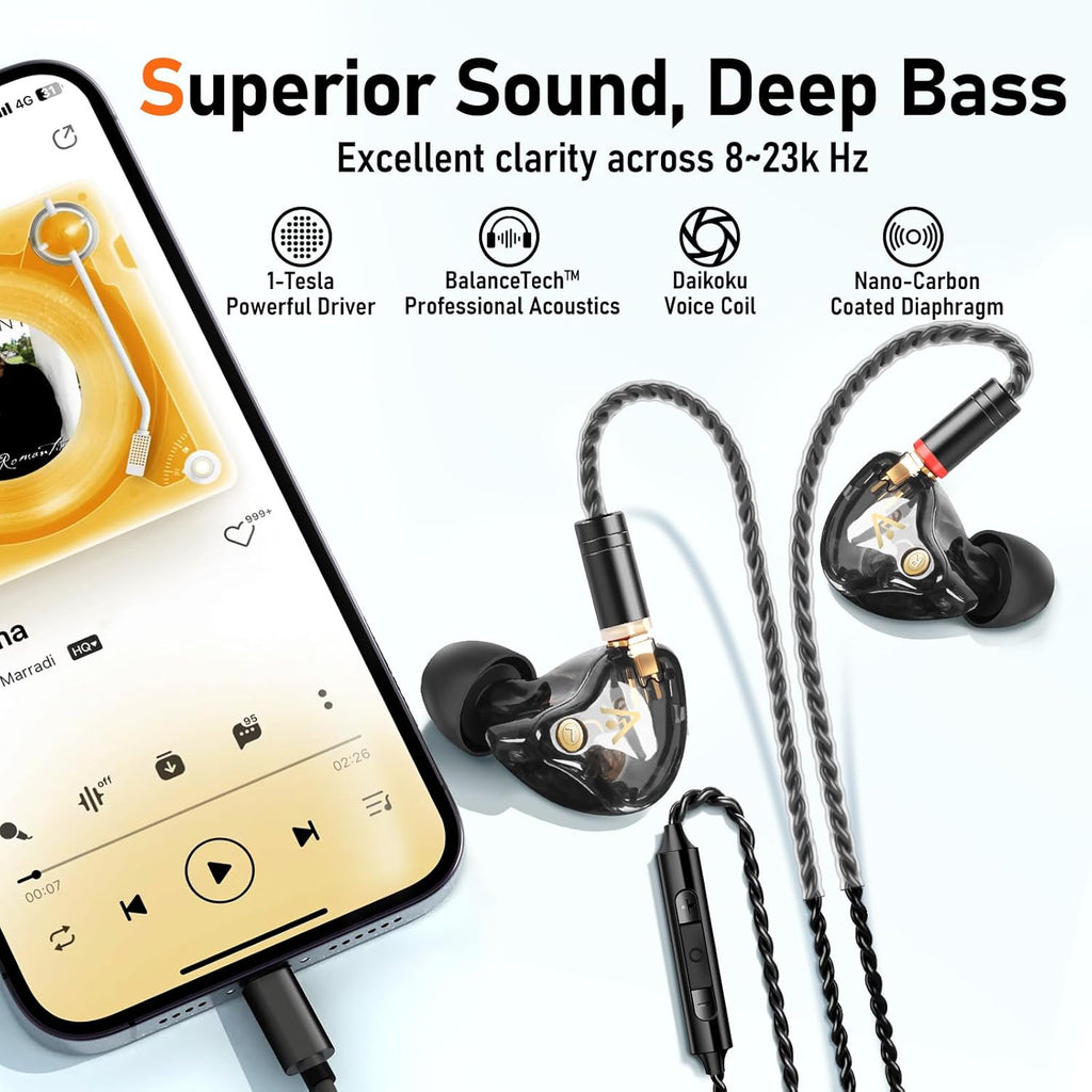 Vibes 202ML Wired Earbuds - HiFi in Ear Headphones - Noise-Isolating Ear Buds w/ Mic - Clear Sound, Deep Bass, Comfort-Fit Earphones - MMCX–Lightning for iPhone 5–14, Silver Plated Cord, Carrying Case