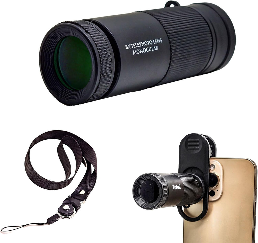 FotoZ 8X Monocular Telescope for iPhone & Android and Most Smartphone, with 8X Optical Zoom Telephoto Lens & 17mm Universal Phone Clip & Storage Bag