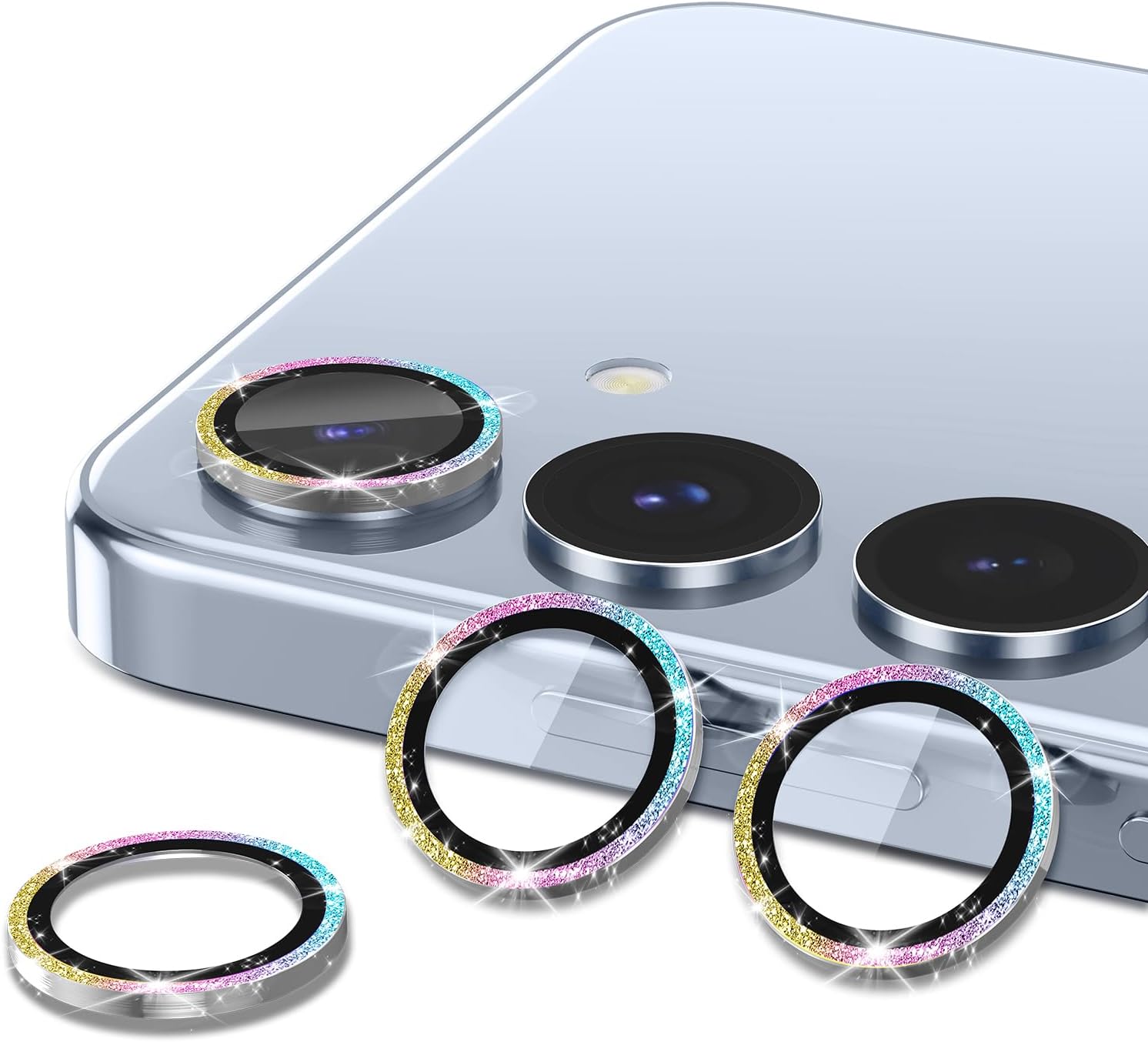 for Samsung Galaxy S25 Plus Camera Lens Protector, Individual Metal Ring Tempered Glass Lens Cover, [Strong Adsorption] Scratch Resistant Ultra-Thin HD Clear Lens Cover, 1 Set-Colorful Sparkly