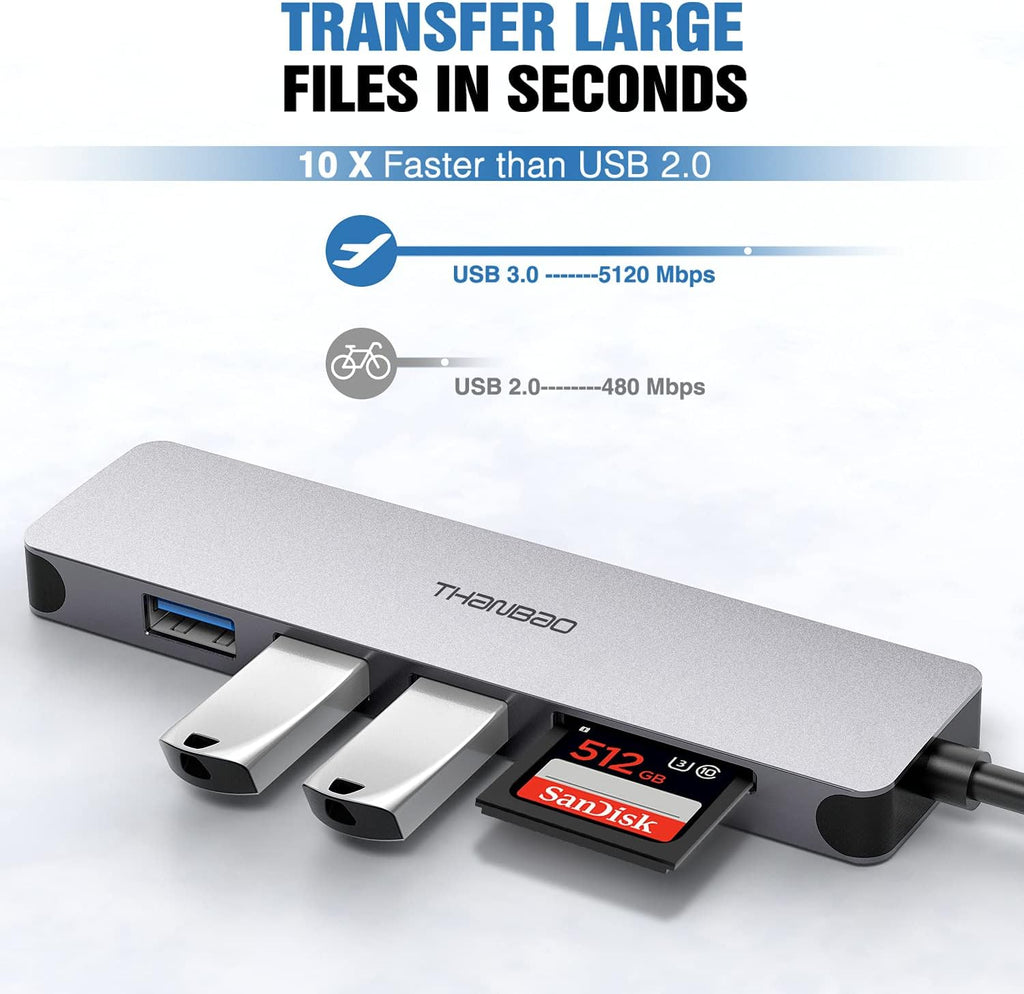 USB C Hub Multiport Adapter - 7 in 1 Portable Space Aluminum Dongle with 4K HDMI Output, 3 USB 3.0 Ports, SD/TF Card Reader Compatible for MacBook Pro, XPS More Type C Devices