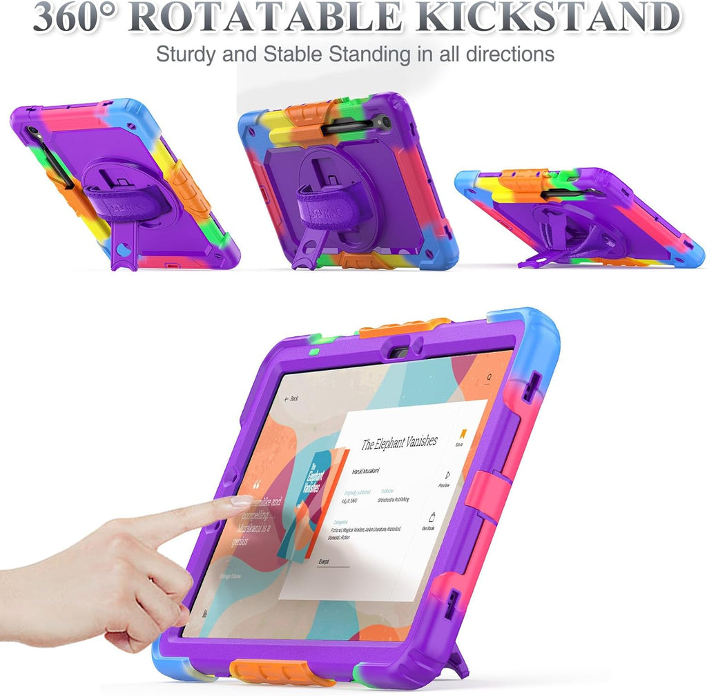 SEYMAC stock Case for Samsung Galaxy Tab S10 FE / S9 / S9 FE 5G Tablet Case Protective with Screen Protector, Pencil Holder, 360 Rotate Stand, Hand Strap, Shoulder Strap, Purple
