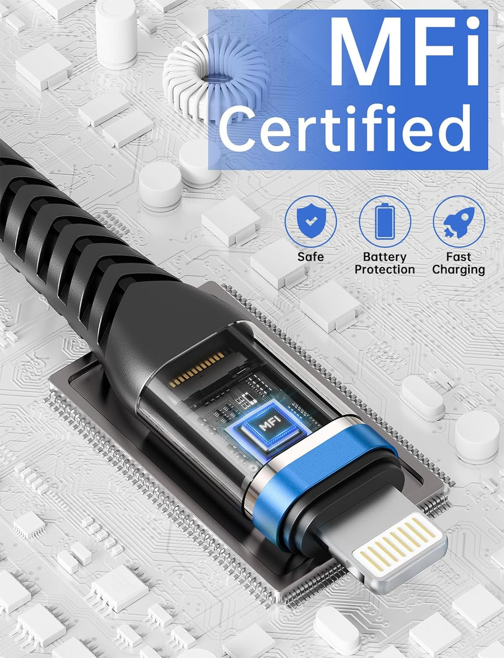 Lightning Cable 10 FT 3Pack [Apple MFi Certified] Extra Long iPhone Charger Cable Nylon Braided Fast Charging Cord Compatible with iPhone 14/13/12/11/X/XS/XR/SE/8/7/6/5/iPad Pro/Mini/Air - Blue