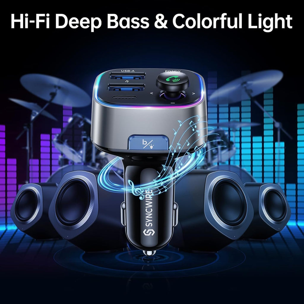 Syncwire Bluetooth 5.4 FM Transmitter Car Adapter 48W (PD 36W & 12W) [Light Switch] [Hi-Fi Deep Bass] [Fast Charge] Wireless Radio Music Adapter LED Display Hands-Free Calling Support USB Drive