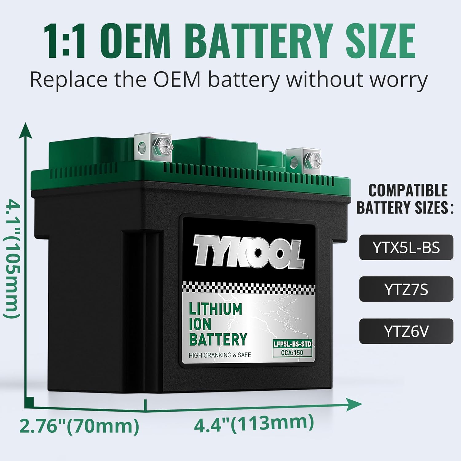 TYKOOL YTX5L-BS YTZ7S 2X Cranking Amps 150A, Lithium LiFePO4 Motorcycle Battery,12.8V 3Ah, Digital Readout, Fits for ATV,Honda Rukus Scooter,Moped