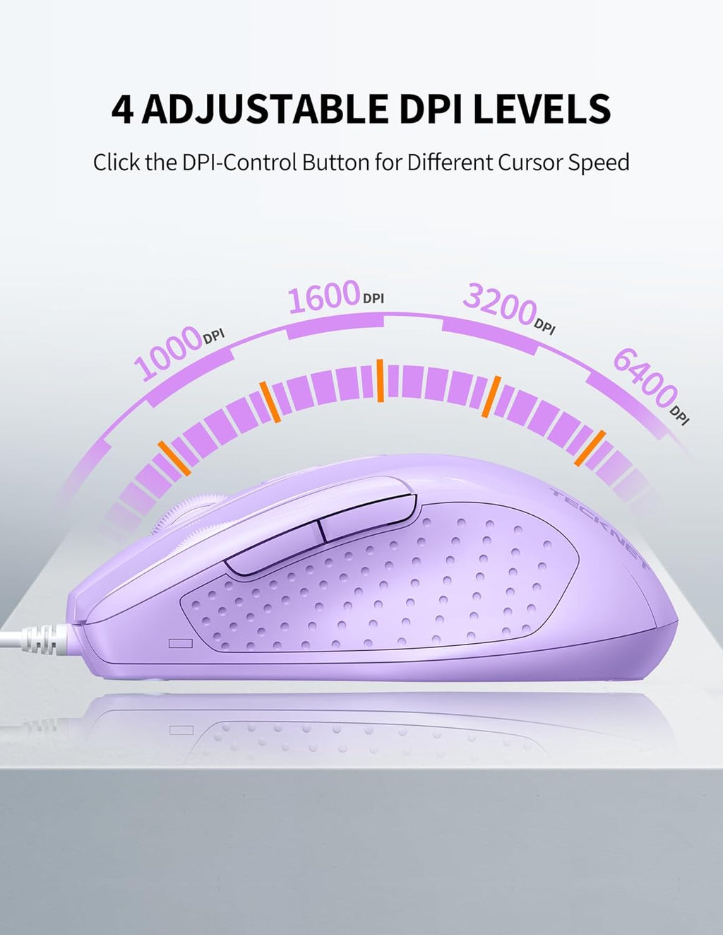 TECKNET Wired Mouse, 6-Button Corded with 4 Adjustable DPI, Optical Ergonomic Design, 5FT Cord for Laptop, Chromebook, PC, Desktop, Mac, Notebook - LT.Purple