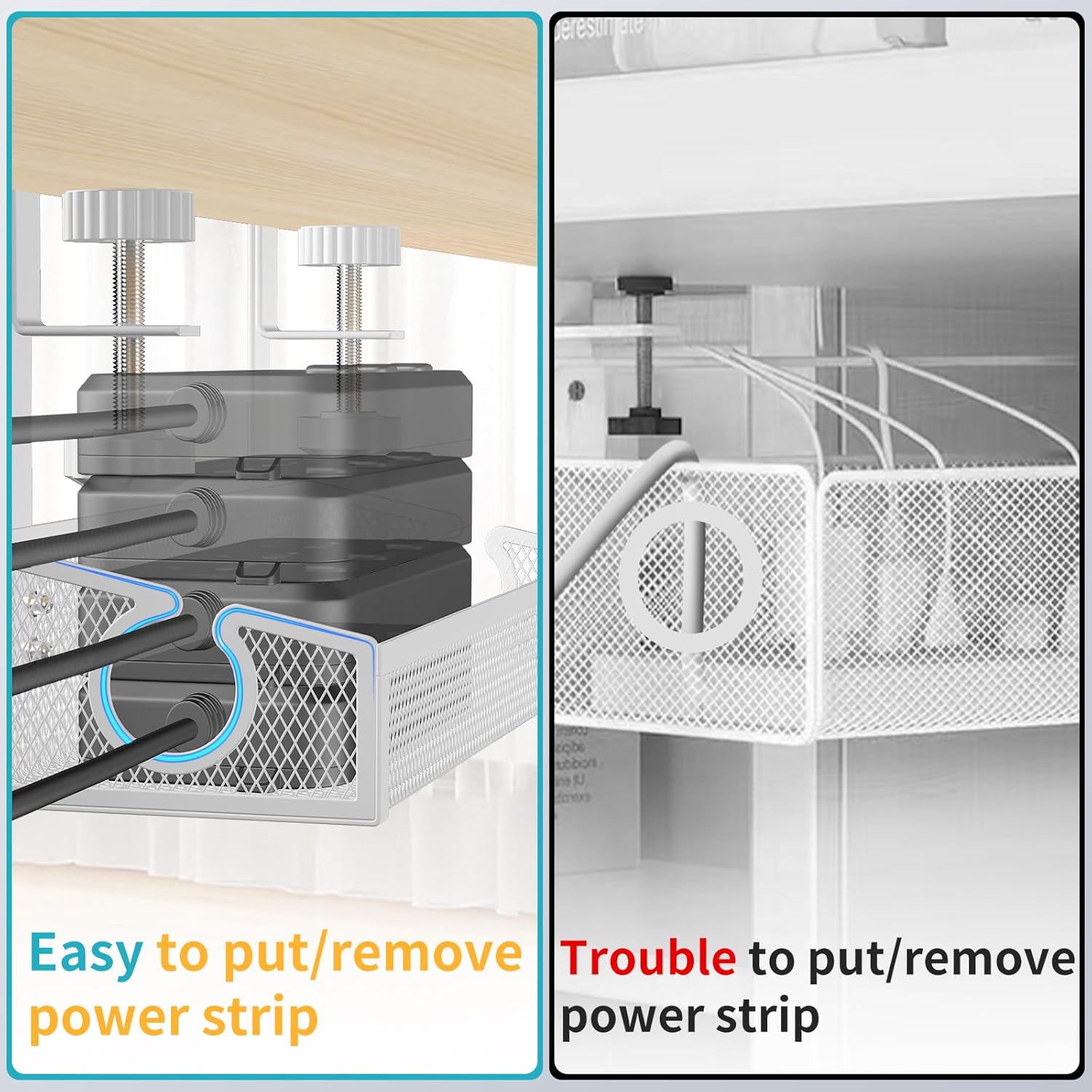 Under Desk Cable Management Tray White, No Drill Desk Cable Management Organizer with Clamp for Desk Wire Management, Desk PC Cord Organizer Accessories & Workspace Organizers for Office, Home(2 Pack)