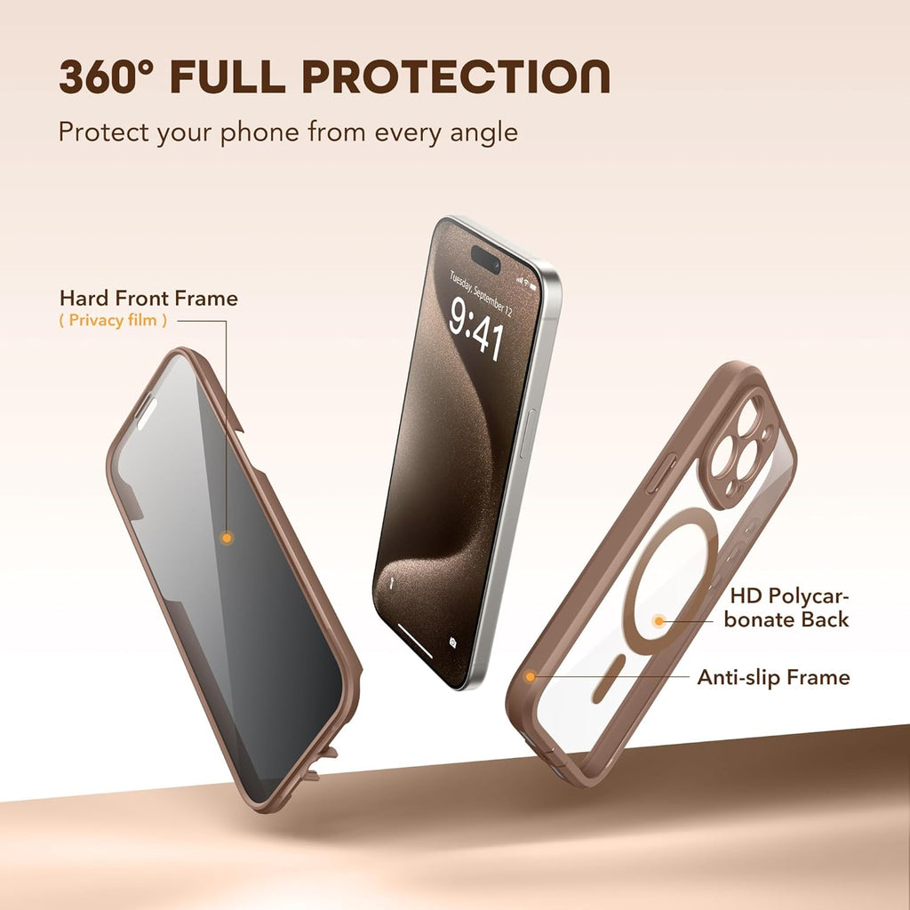 Magnetic for iPhone 15 Pro Case, Compatible with MagSafe, Built-in Privacy Screen Protector and Camera Protection, Anti Spy Full Body Dustproof Shockproof Hard Phone Case 6.1", Brown