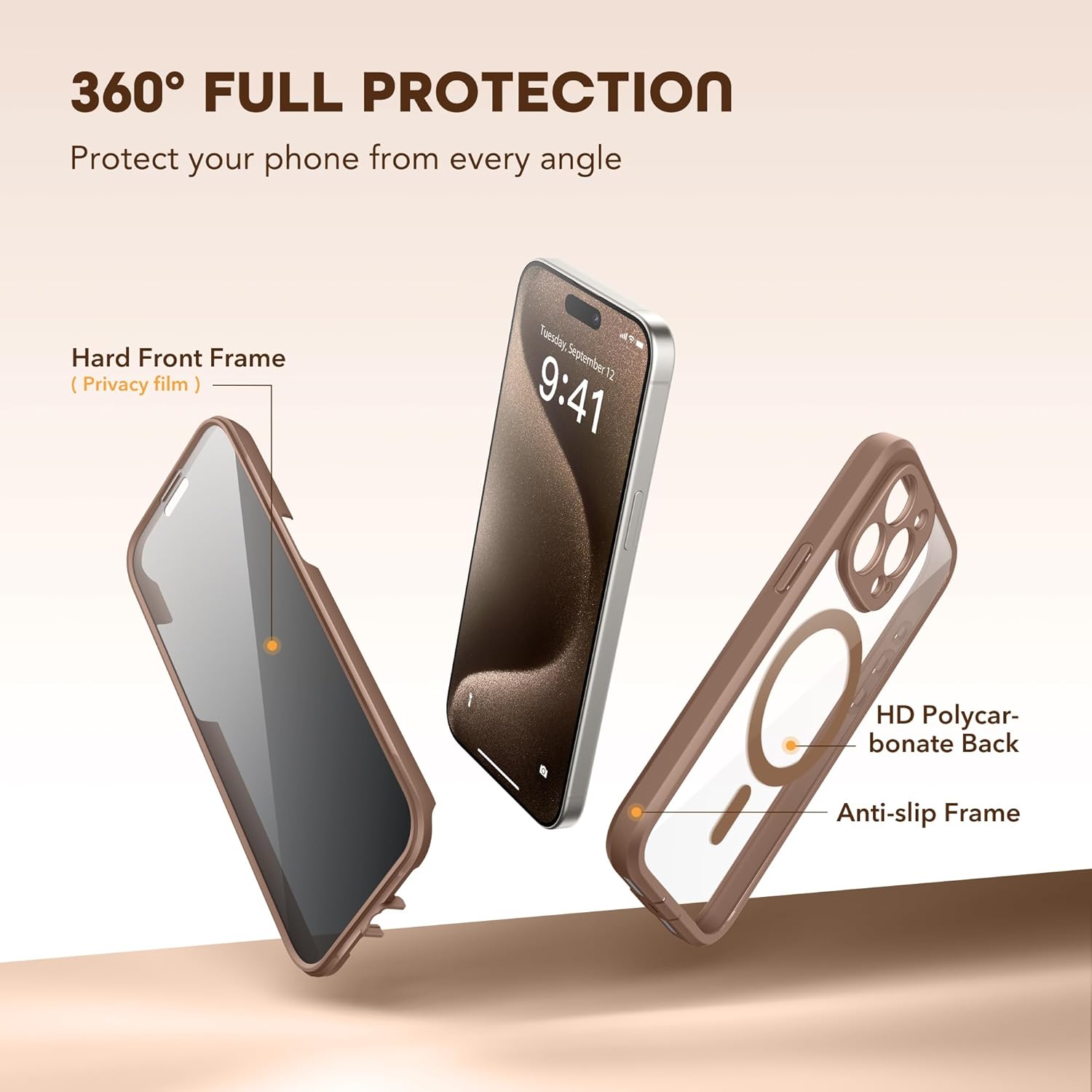 Magnetic for iPhone 15 Pro Case, Compatible with MagSafe, Built-in Privacy Screen Protector and Camera Protection, Anti Spy Full Body Dustproof Shockproof Hard Phone Case 6.1", Brown