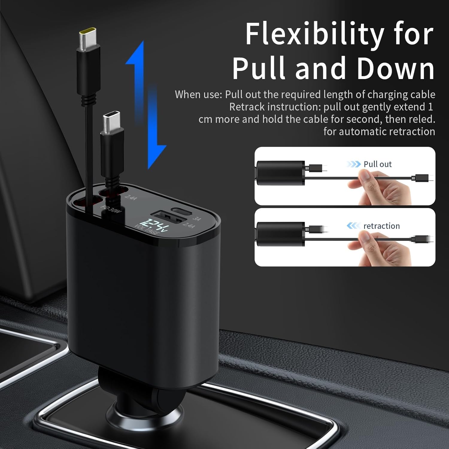Retractable Car Charger Compatible with Galaxy Pixel, 4 in 1 Fast Charging Car Charger 60W, Double Type C Retractable Cable and 2 USB Ports