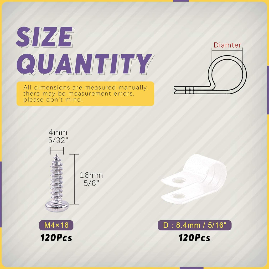 Swpeet 120 Pack White 5/16 Inch Nylon Plastic R-Type Cable Clips Clamp Kit, Nylon Screw Mounting Cord Fastener Clips with 120 Pack Screws for Wire Management (5/16 Inch, White)