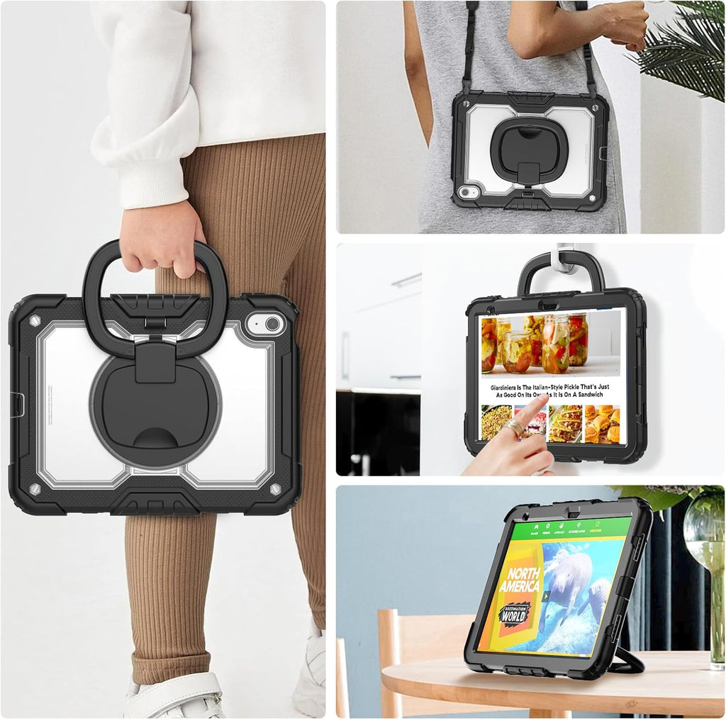 SCSVPN Case for iPad A16 11th Generation 11 Inch 2025/ iPad 10th Generation Case 10.9 Inch 2022, Shockproof Rugged Kids Transparent Cover w/Pencil Holder, Rotating Stand/Handle, Shoulder Strap, Clear