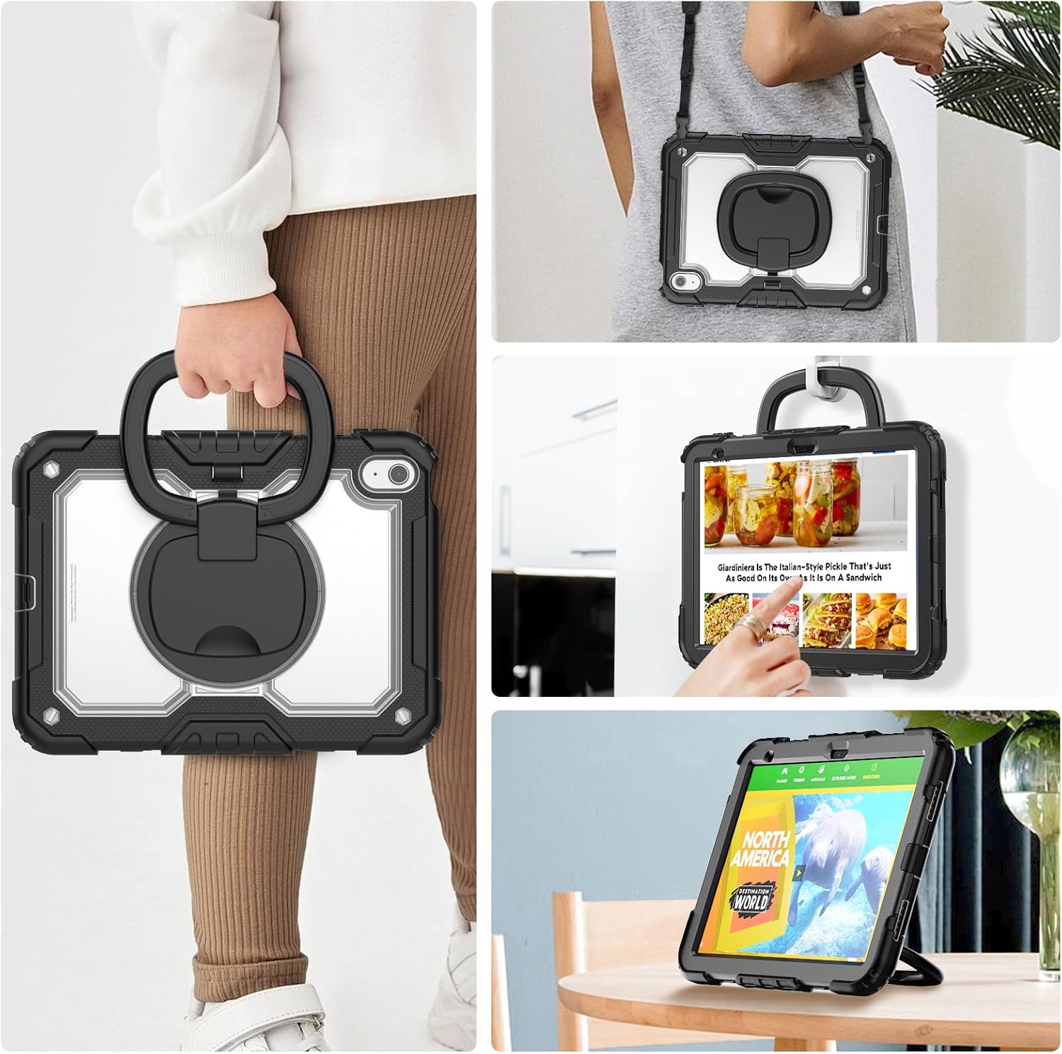 SCSVPN Case for iPad A16 11th Generation 11 Inch 2025/ iPad 10th Generation Case 10.9 Inch 2022, Shockproof Rugged Kids Transparent Cover w/Pencil Holder, Rotating Stand/Handle, Shoulder Strap, Clear