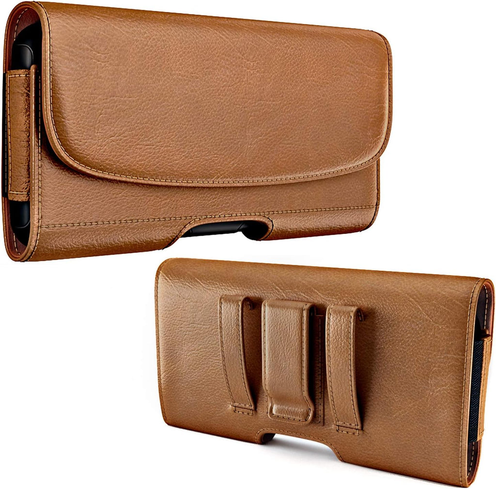 Case for Large iPhone Plus, Pro Max 16 15 14 13 12 11 Xs, Samsung Galaxy S25+ S24+ S23+ S22+ S21+, Cell Phone Belt Holster Clip, ID Card Holder Pouch, Fits Otterbox Case - Brown