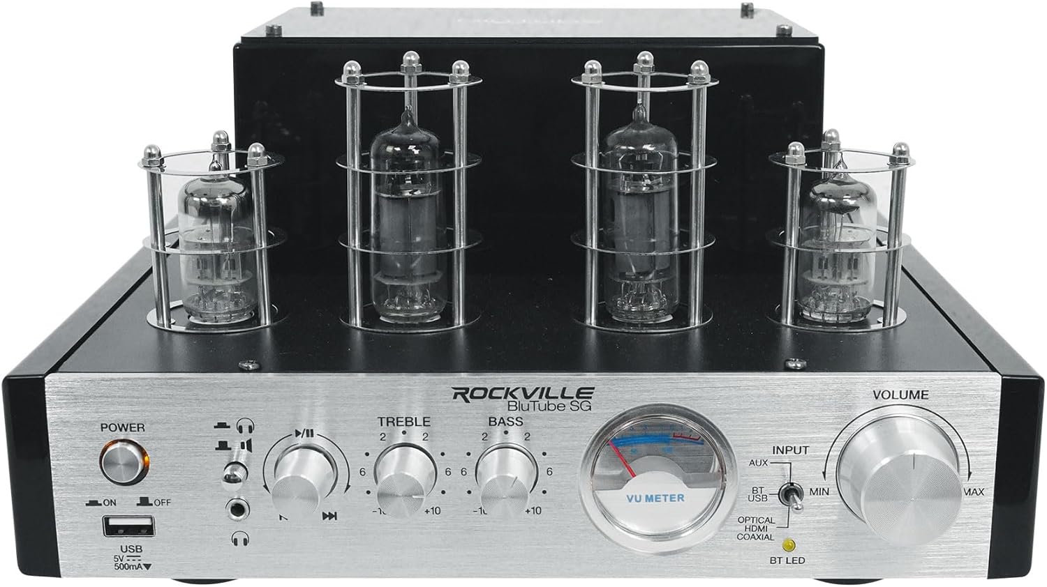 Rockville BluTube SG 70W Home Theater Tube Amplifier Stereo Receiver, Bluetooth, USB/RCA/Optical/Coaxial Inputs, 35W x 2 RMS @ 4 Ohm, for Music and Movies