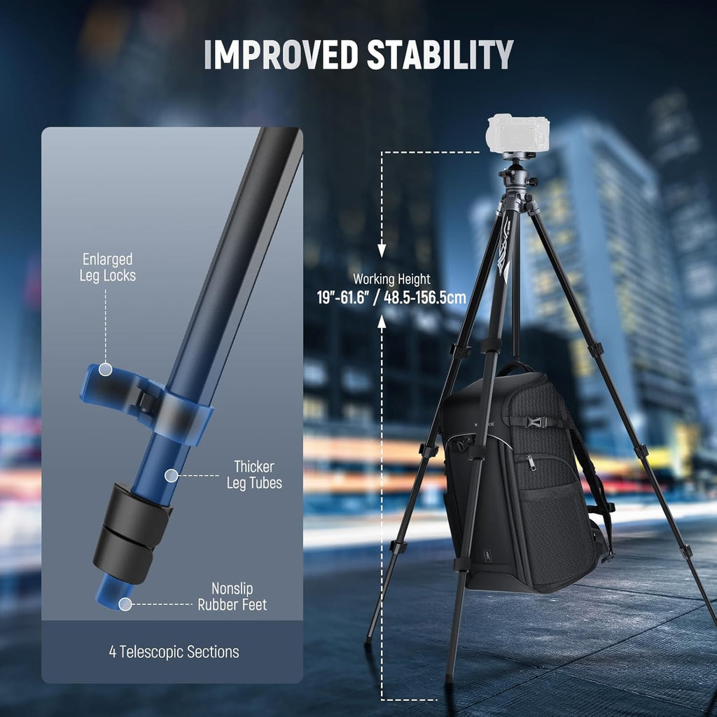 NEEWER LITETRIP LT07 61" Aluminum Travel Tripod Stand for Camera with Pan Tilt Low Profile Ball Head, Arca QR Plate Compatible with Peak Design Tripod Plate V3, Dual Center Axis, Max Load 22lb