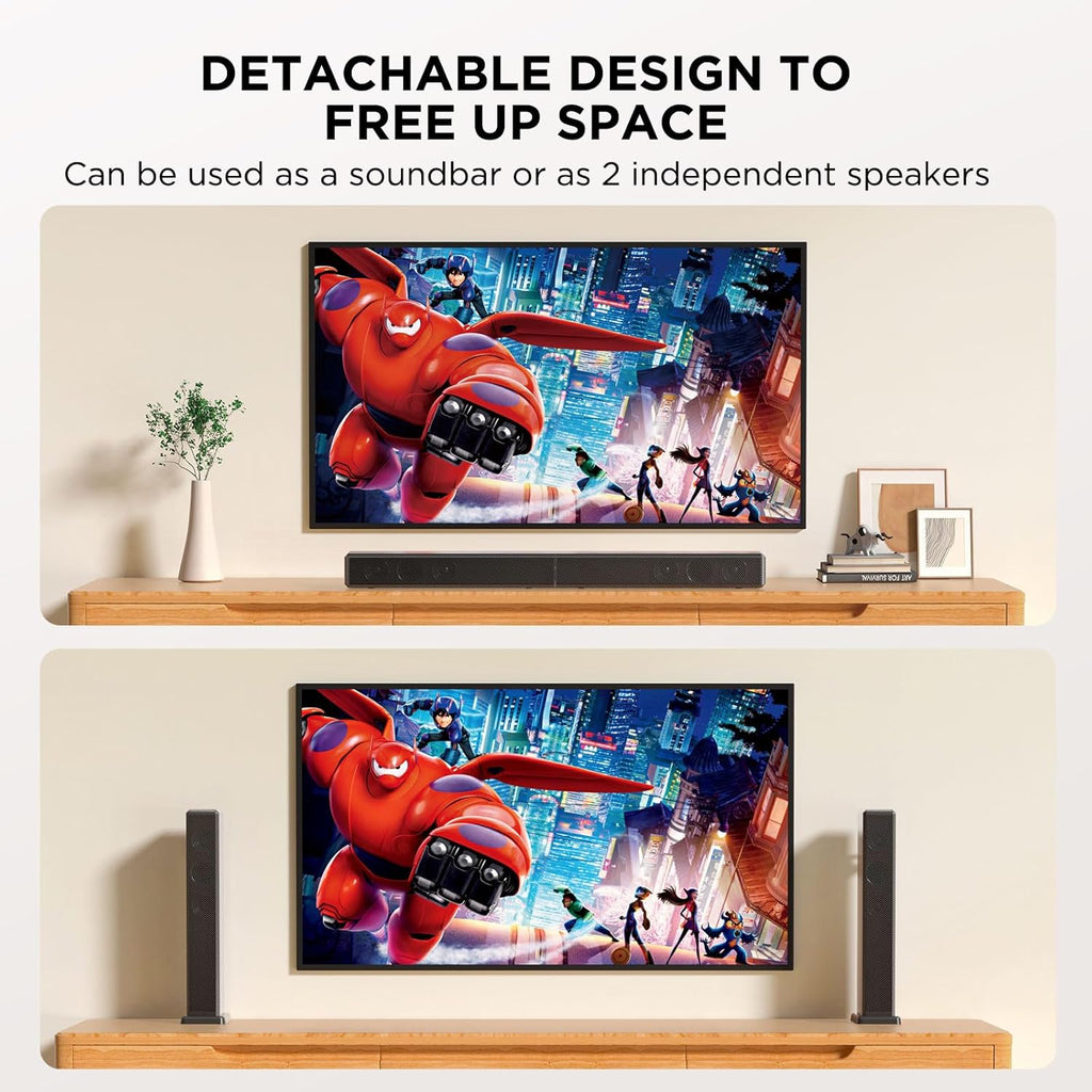 2.2ch 100W Sound Bar for Smart TV, 2-in-1 Detachable Bluetooth 5.3 Speaker with 3 EQ Modes & Adjustable Bass - Home Theater Audio for Movies, Gaming, Music