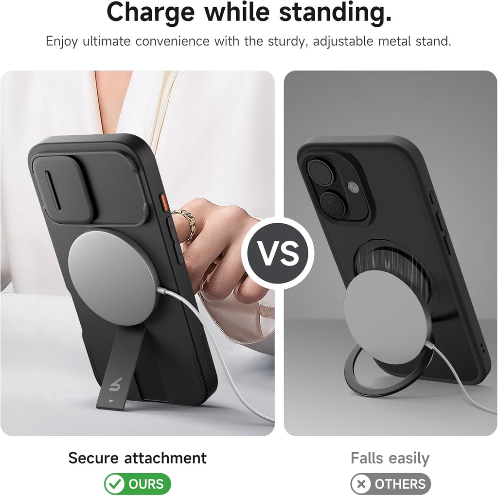 SURITCH for iPhone 16 Case with Magnetic Camera Slide Cover and Adjustable Kickstand, Compatible with MagSafe, Shockproof Bumper Case Slim Protective Cover 6.1 Inch, Black