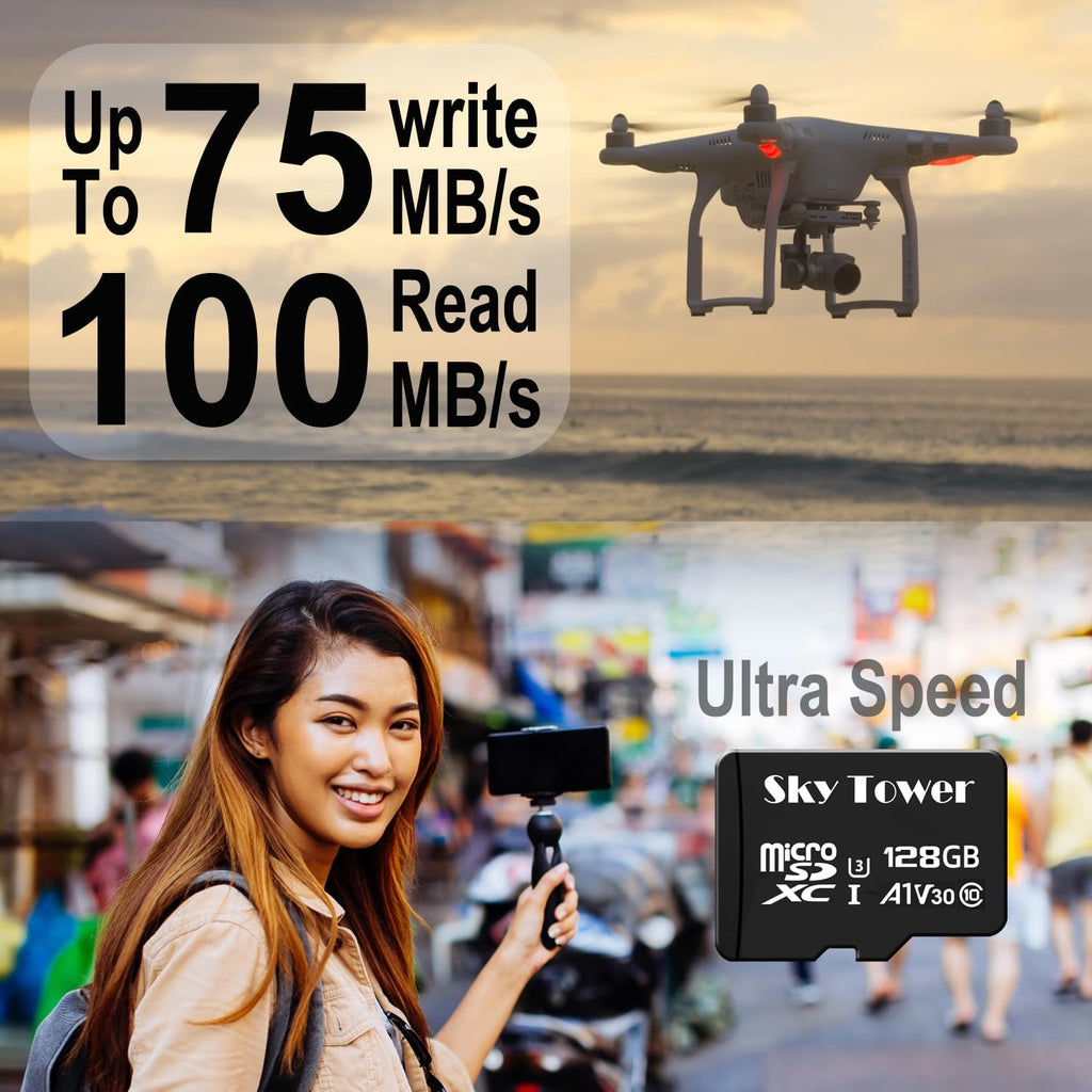 Sky Tower Ultra microSDXC microSDHC UHS-I Memory Card with Adapter [New Version] Flash Memory Card - Up to 100MB/s, U1, Class10, V10, A1, High Speed TF Card (128GB Micro SD Card 2 Pack)