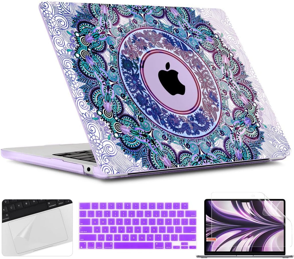 TWOLSKOO Compatible with M4 MacBook Air 15 inch Case 2025-2023 Released Model M4 A3241 M3 A3114 M2 A2941, Plastic Hard Shell & Screen Protector & Keyboard Cover & Trackpad Film, Purple Mandala