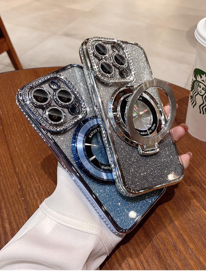 Magnetic Kickstand (Glitter Lens Protector ) Case for iPhone 15 14 13 12 Pro Max (Compatible with Magsafe ) Sparkling Diamond Cover Glitter Shiny Rhinestone Cases (Silver,for iPhone 12)