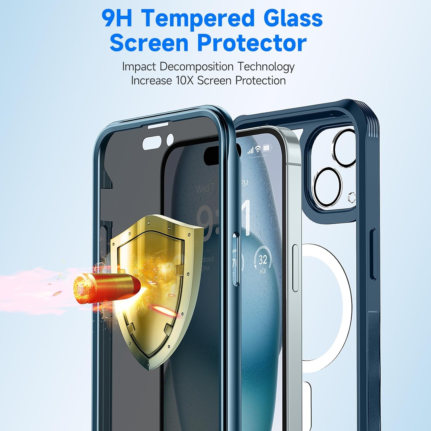 seacosmo for iPhone 15 Case, Full Body Bumper with Built-in 9H Tempered Glass Privacy Screen Protector and Camera Lens Protector, Compatible with MagSafe, Shockproof Phone Cover, 6.1", Blue
