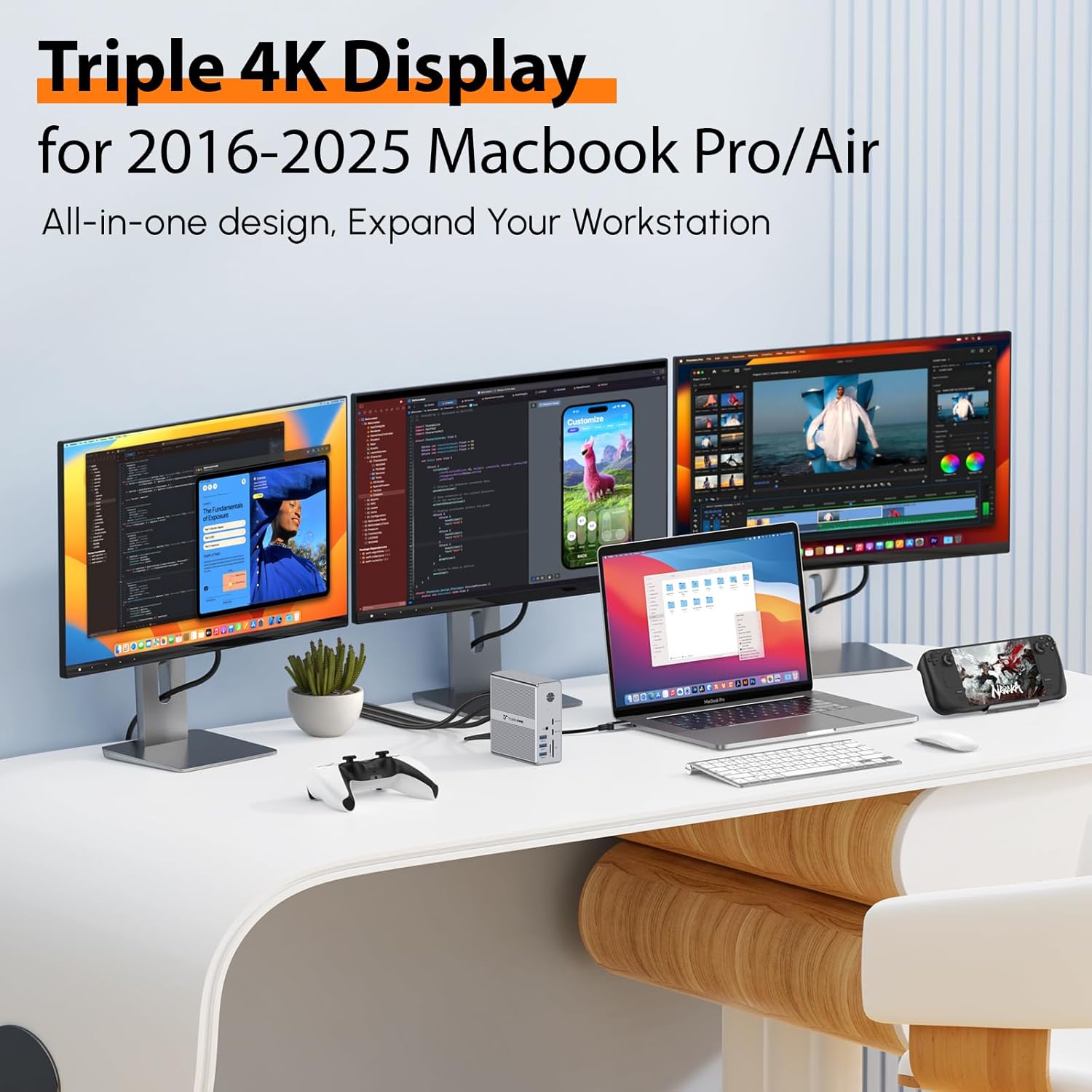 TobenONE DisplayLink Docking Station Triple Monitor with 120W Power Adapter, Triple 4K Display for MacBook Pro/Air, Thunderbolt 4/3, USB-C Windows(3X HDMI, 3X DP, 2xUSB-C, 4xUSB 3.2, SD/TF)