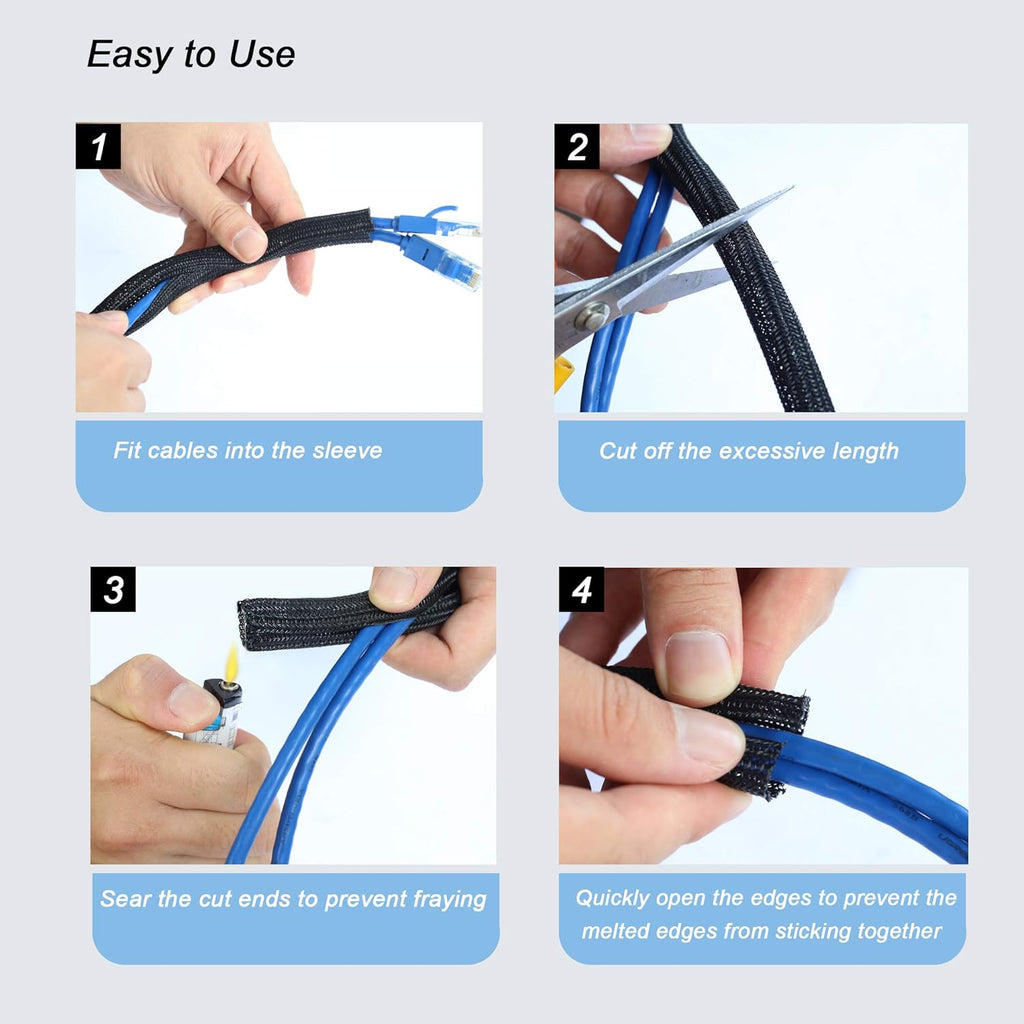 CrocSee 25ft - 1/4 inch Braided Cable Management Sleeve Cord Protector - Self-Wrapping Split Wire Loom for TV/Computer/Home Theater/Engine Bay - Black