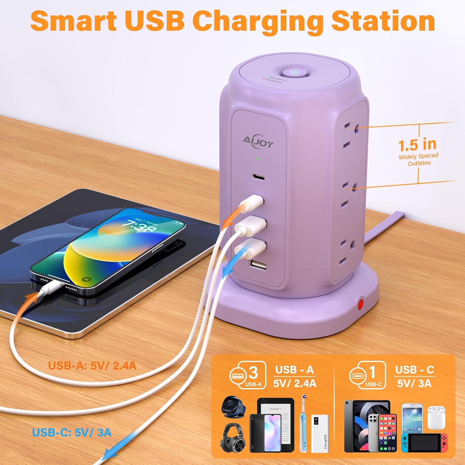 AiJoy Flat Plug Power Strip Tower with 9 Outlets and 5 USB Ports (2 USB C), 1200J Surge Protection with 1625W Extension Cord with Multiple Outlets for Dorm Home Office Supplies, Purple