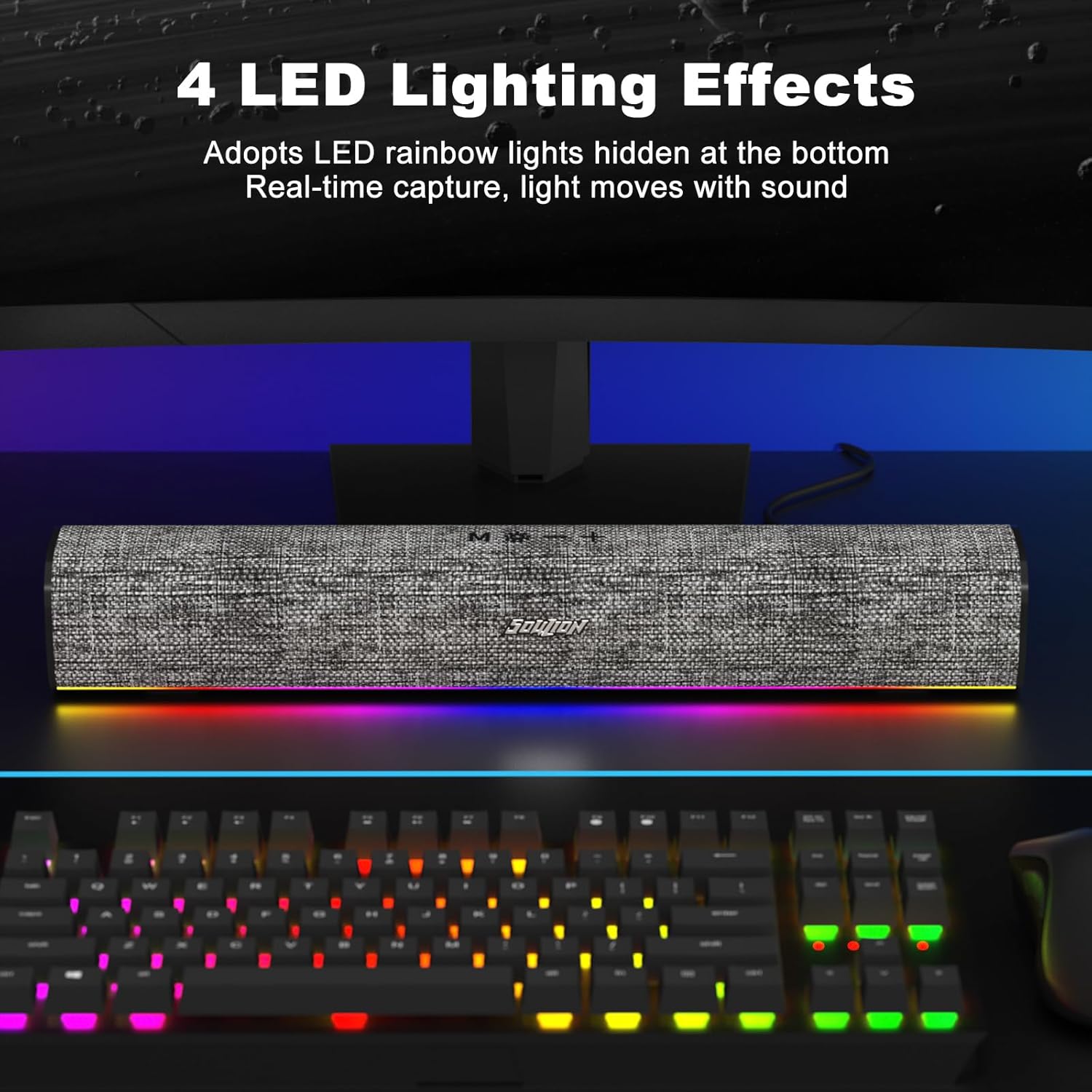 SOULION R100 Bluetooth Computer Speakers with Dynamic LED Light, USB Plug & Play PC Speakers with Switch Button, Clearly Sound Soundbar for Desktop Laptop Monitor(USB-C to USB Adapter Included)