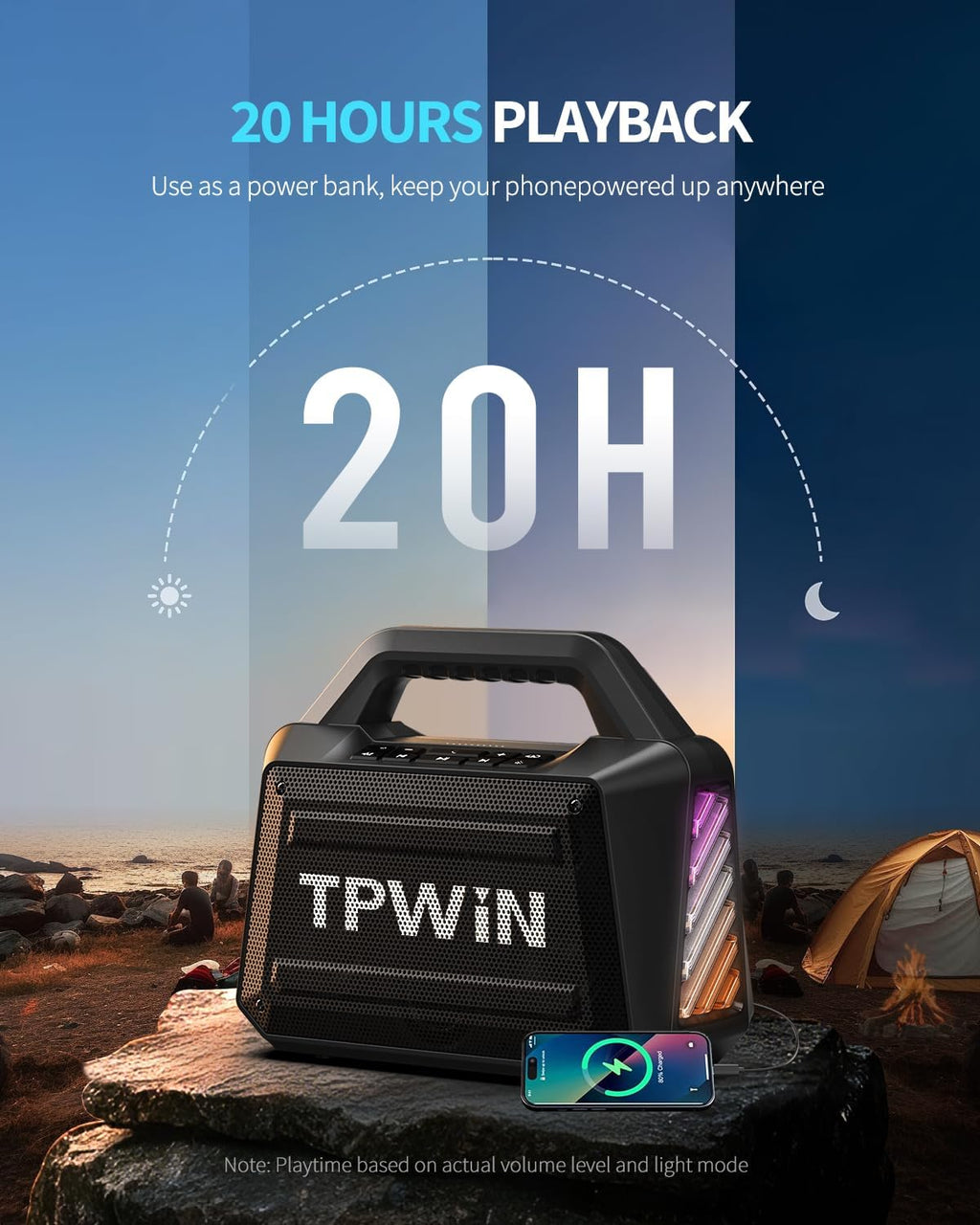 Portable Bluetooth Speaker - 80W Peak Loud Speakers, 20H Playtime for Outdoor Adventure, Lightshow, TWS, Deep Bass, BT 5.3 Wireless, IPX6 Waterproof for Travel Hiking Camping Beach Pool - Black