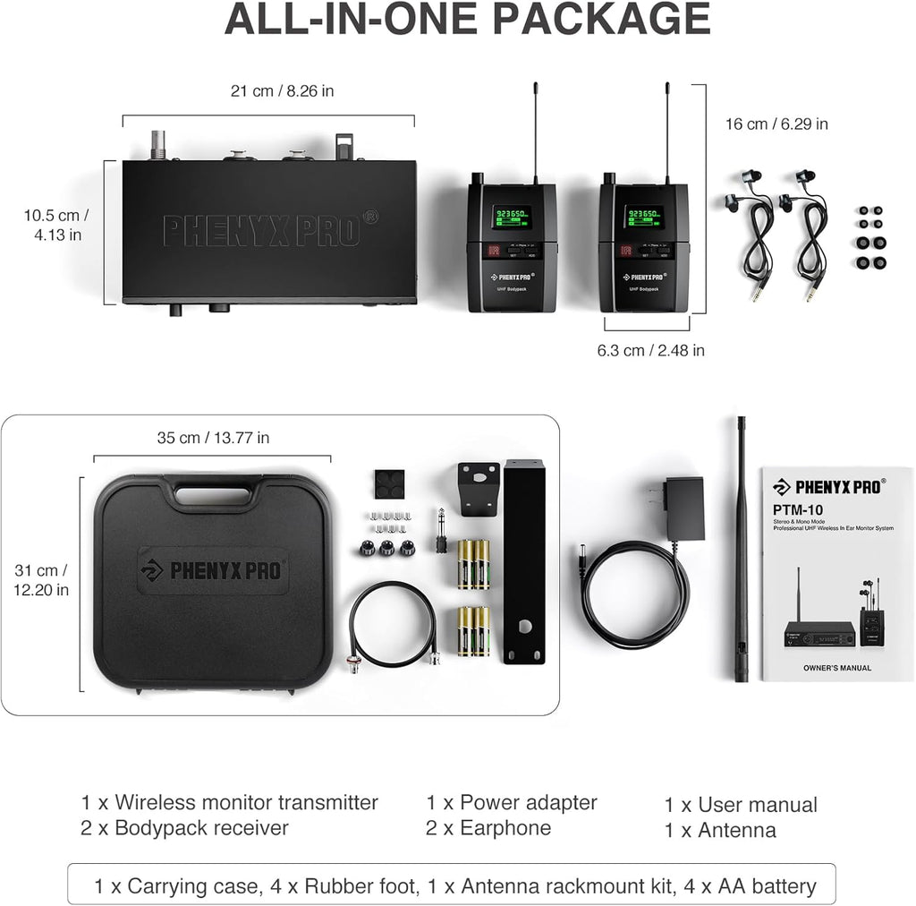 Phenyx Pro Wireless in Ear Monitor System, True Stereo UHF IEM, in Ear Monitors for Musicians, Metal Stage Monitor w/ 89 Frequencies, Rack Mount, for Studio/Band (2 Bodypacks with Transmitter)