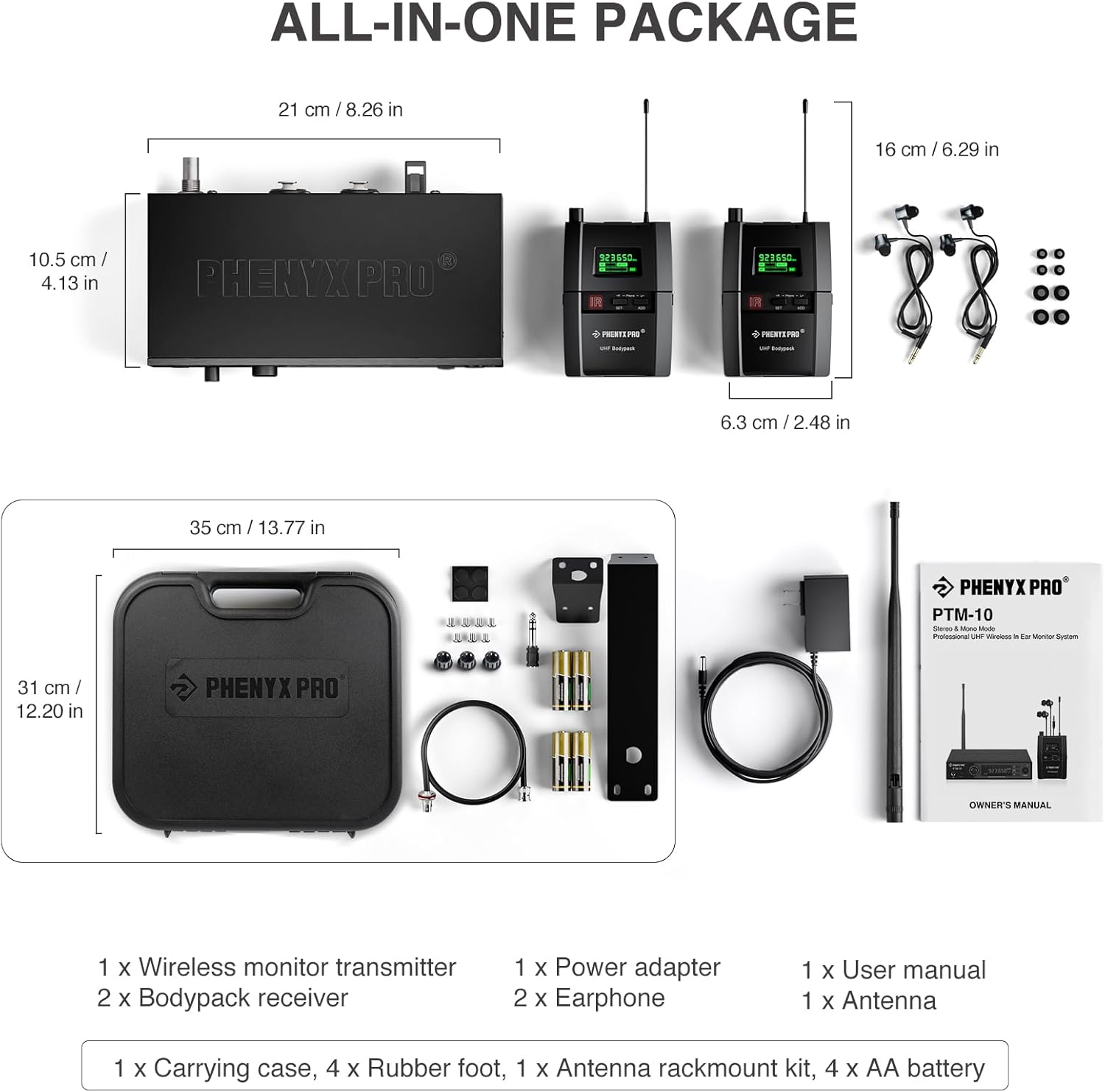 Phenyx Pro Wireless in Ear Monitor System, True Stereo UHF IEM, in Ear Monitors for Musicians, Metal Stage Monitor w/ 89 Frequencies, Rack Mount, for Studio/Band (2 Bodypacks with Transmitter)