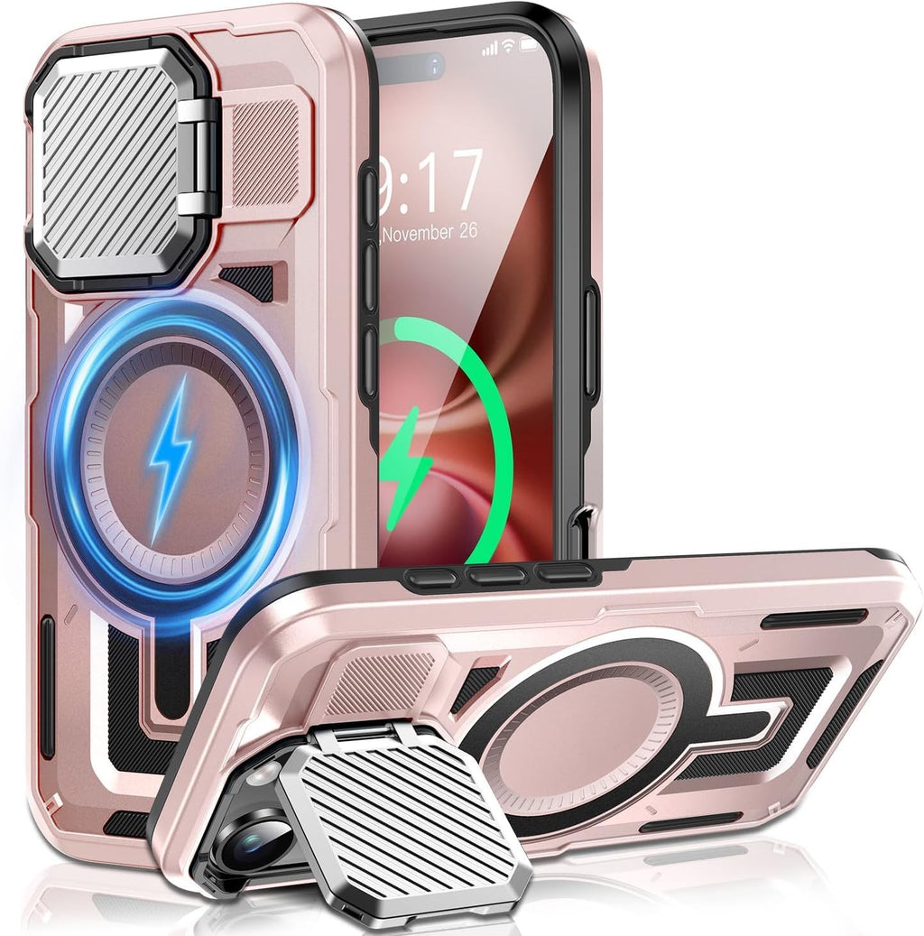 Camera Stand Case for iPhone 16 Plus, [Compatible with Mag Safe] [Lens Cover] 2024 Version Military Grade Protective Soft Case for iPhone 16 Plus 6.7 inch Men Women,Pink