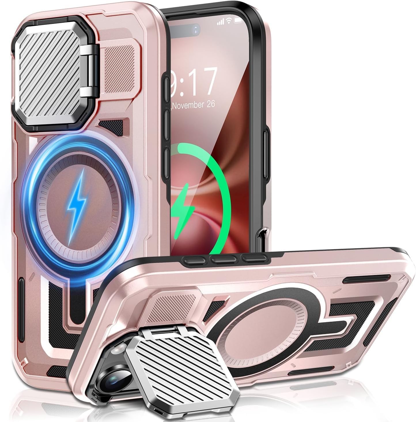 Camera Stand Case for iPhone 16 Plus, [Compatible with Mag Safe] [Lens Cover] 2024 Version Military Grade Protective Soft Case for iPhone 16 Plus 6.7 inch Men Women,Pink