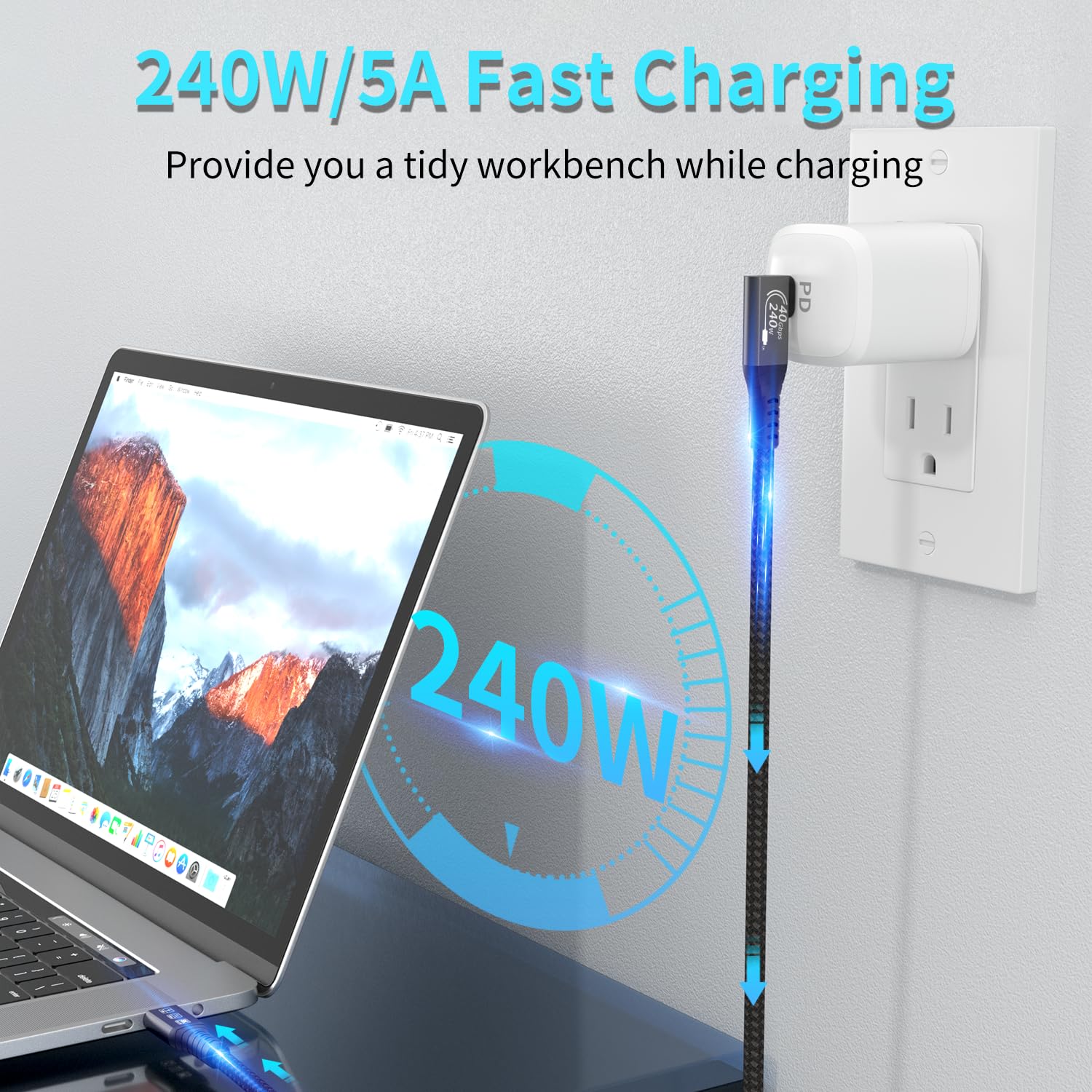 USB4 Cable, with Thunderbolt 4, 240W Charging, 40 Gbps Data Cable, 8K @ 60Hz HDR, USB C to USB C Cable, 90Degree for Hub, Dock MacBook, M2, M3, Mac SSD (90Degree USB4 40G 240W 0.5M)
