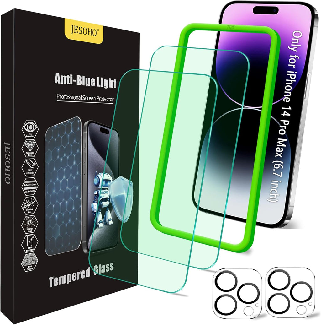 Blue Light Screen Protector for iPhone 14 Pro Max (6.7") & Camera Lens Protector,Eye Protection, HD Blue Light Blocking Tempered Glass Film, No Bubble, with Easy Installation Kit.2+2 Pack