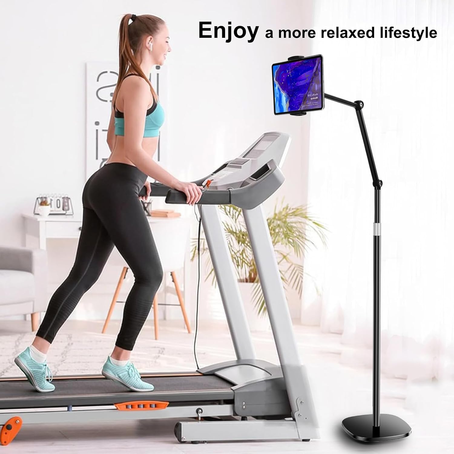 OATSBASF Tablet Floor Stand, Overhead Bed Phone Mount, Height & 360 Degree Angle Adjustable Universal Metal Tablet Holder Compatible with iPad, Samsung Galaxy Tab, iPhone, Kindle, 4.7-12.9" (Black)