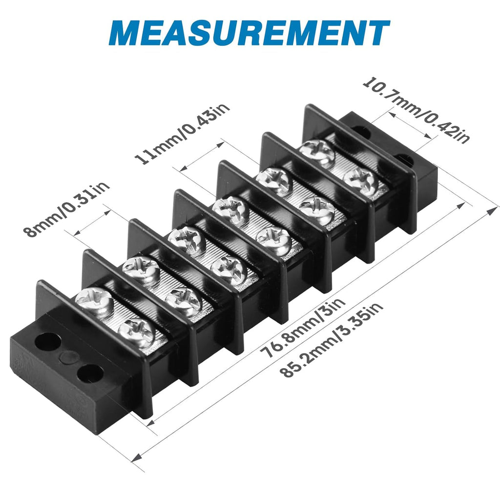 GLOSO Terminal Blocks Double Row Stainless 11 mm Pitch TBC, Marine Grade, 12-22 AWG Cu, 25A/300V - 1 Pack, 6 Poles