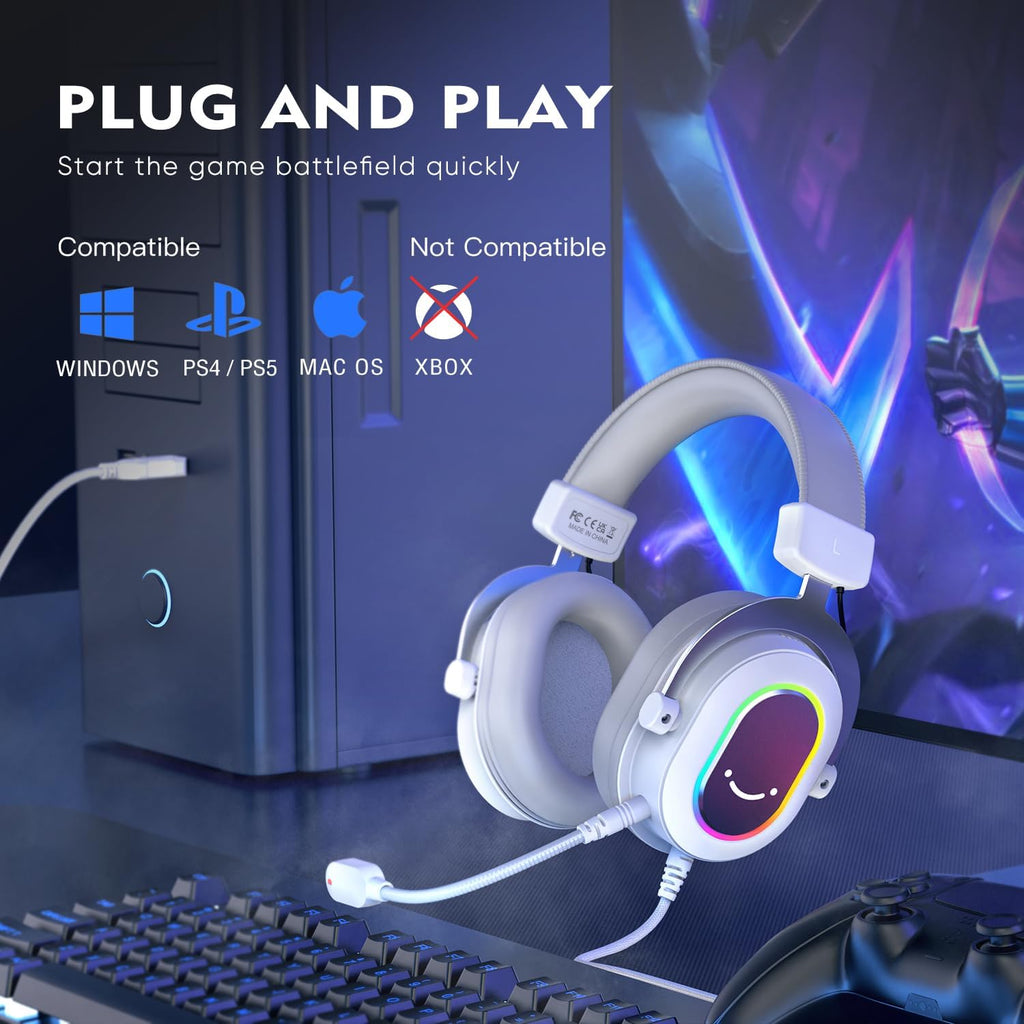 FIFINE USB Gaming Headset, PC Headphones Wired with Microphone for Computer/Laptop, Over-Ear RGB Headset with 7.1 Surround Sound, Noise Cancellation for Streaming Video Game- AmpliGame H6 (White)