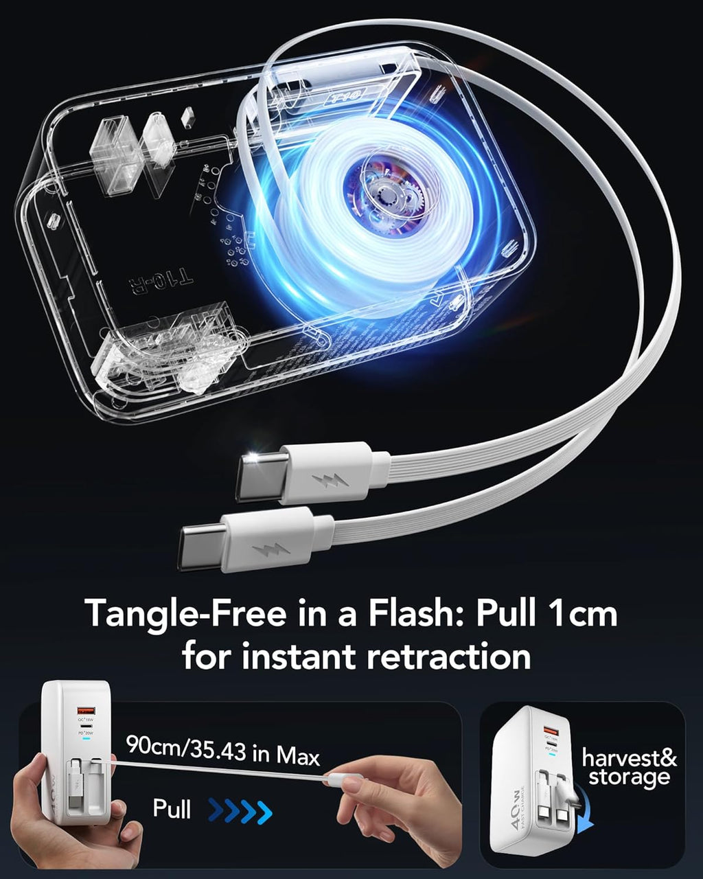 Retractable USB C Charger Wall Plug with Dual 35.5in/90cm Type C Cables Cords,40W Fast Charging Foldable Block Multi Charger for All Devices for iPhone 16/15/14/13/12/11,iPad,Galaxy,Pixel