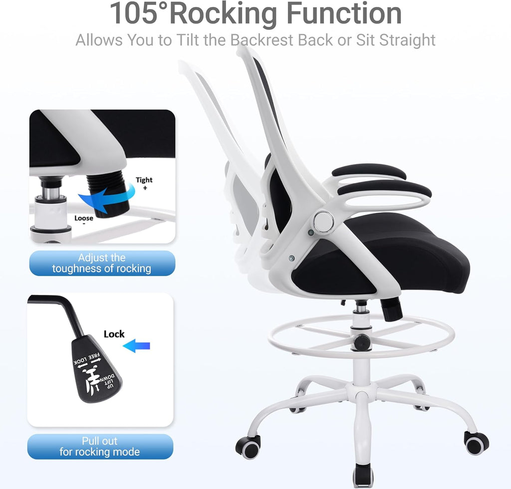 HYLONE 400lbs Heavy Duty Drafting Chair 5" Thickened Seat Office Chair with Flip-Up Armrests Tall Ergonomic Computer Chair with Lumbar Support and Adjustable Footrest Ring Standing Desk Chair (Black)