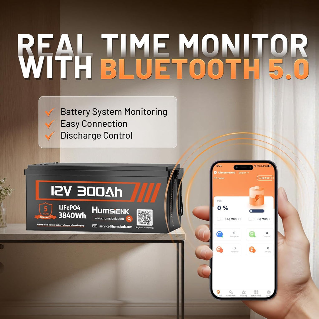 12V 300Ah LiFePO4 Lithium Battery with Bluetooth APP Monitoring, Max. 3840Wh, 15000+ Deep Cycles, 100A BMS, Low-Temp Cutoff – for RV, Solar, Marine, Off-Grid, Home Energy Storage